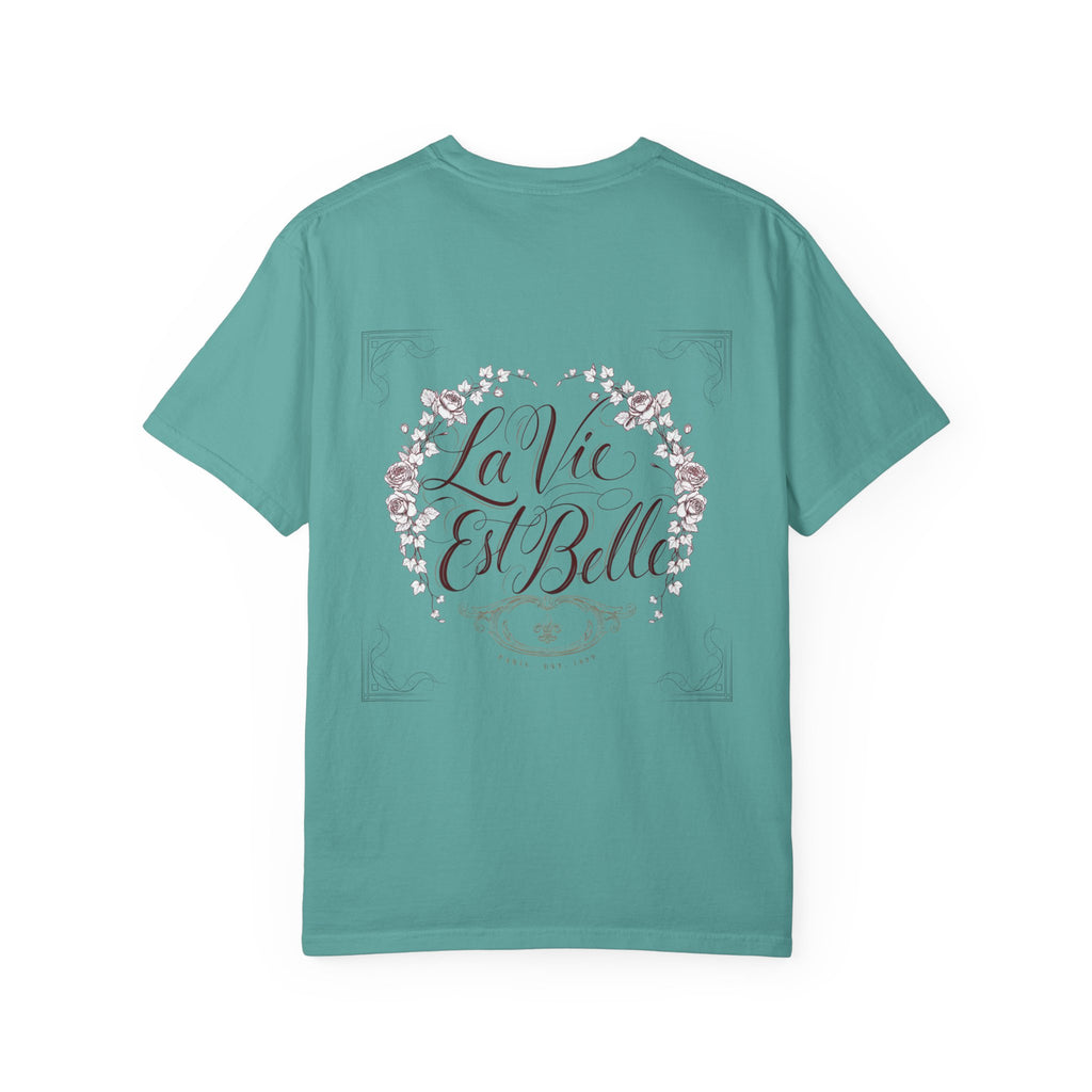 La Vie Est Belle Graphic T-Shirt — Feminine Portrait & Floral Back Print