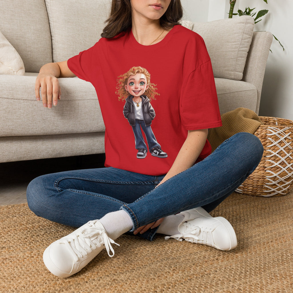Cute Curly Girl Cartoon T-Shirt — Whimsical Character Tee