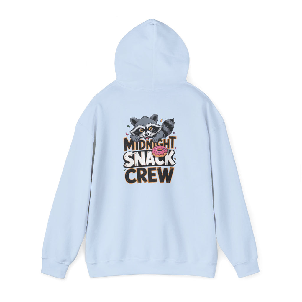 Midnight Snack Crew Hoodie — 'Wake the Sky' Raccoon Graphic Hooded Sweatshirt