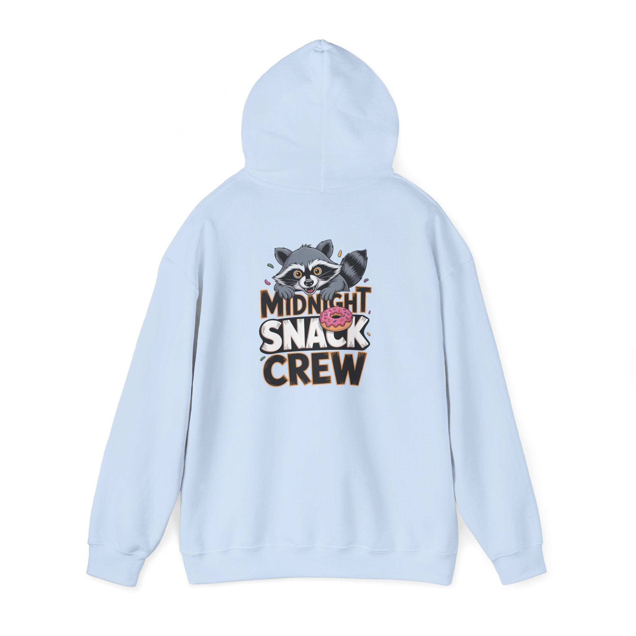 Midnight Snack Crew Hoodie — 'Wake the Sky' Raccoon Graphic Hooded Sweatshirt
