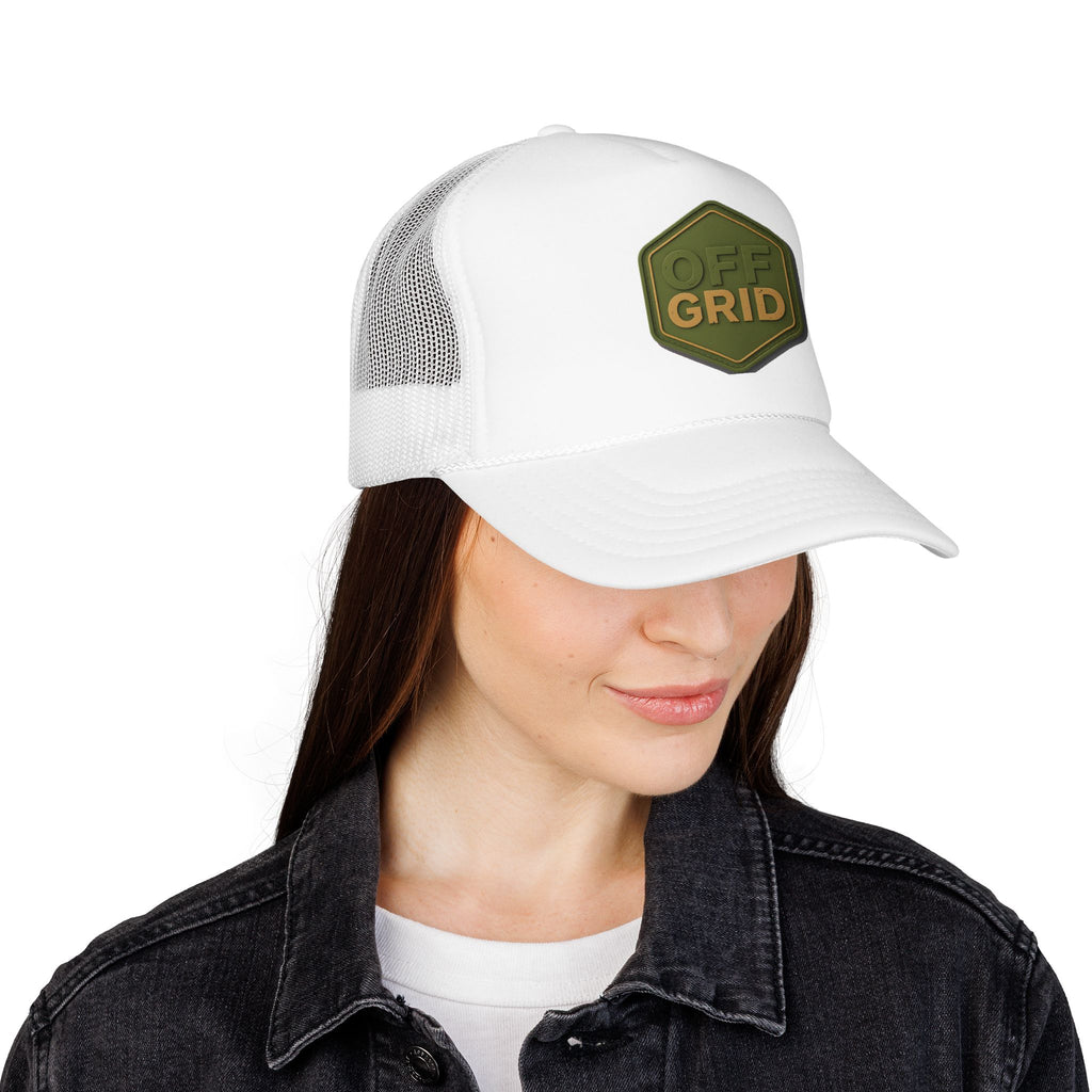 Off Grid Patch Trucker Hat — Military Green Adventure Cap