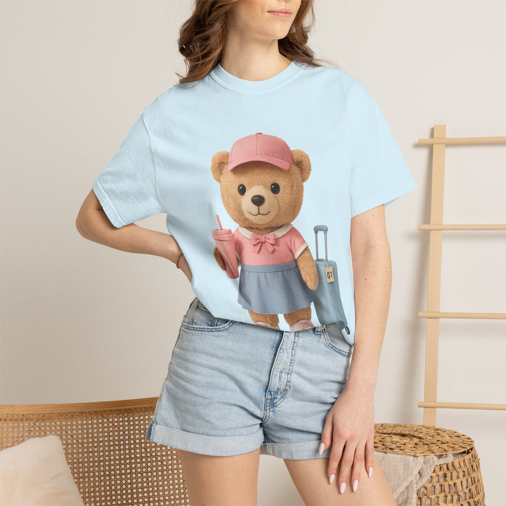Teddy Traveler T‑Shirt — Cute Bear with Luggage & Cup Graphic