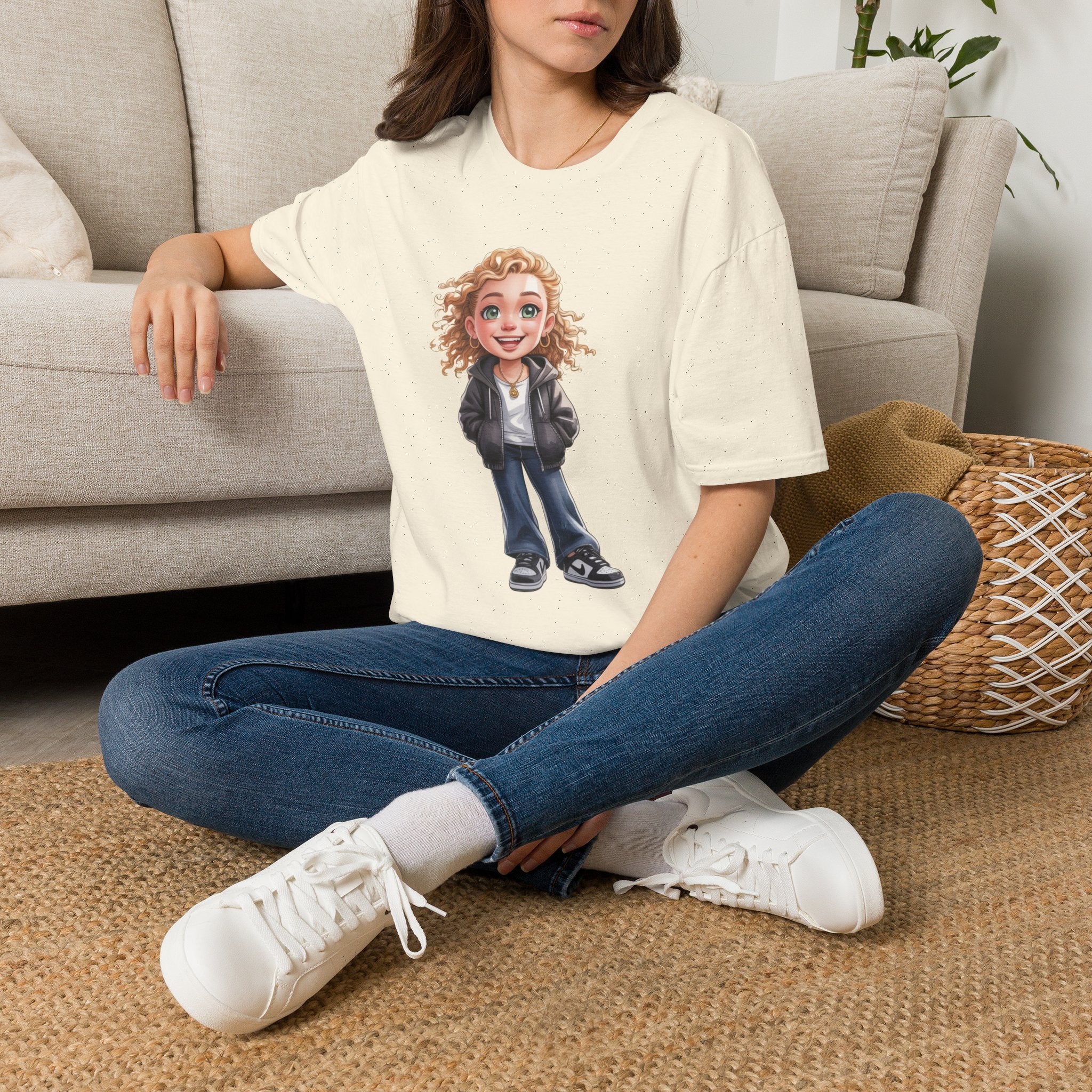 Cute Curly Girl Cartoon T-Shirt — Whimsical Character Tee
