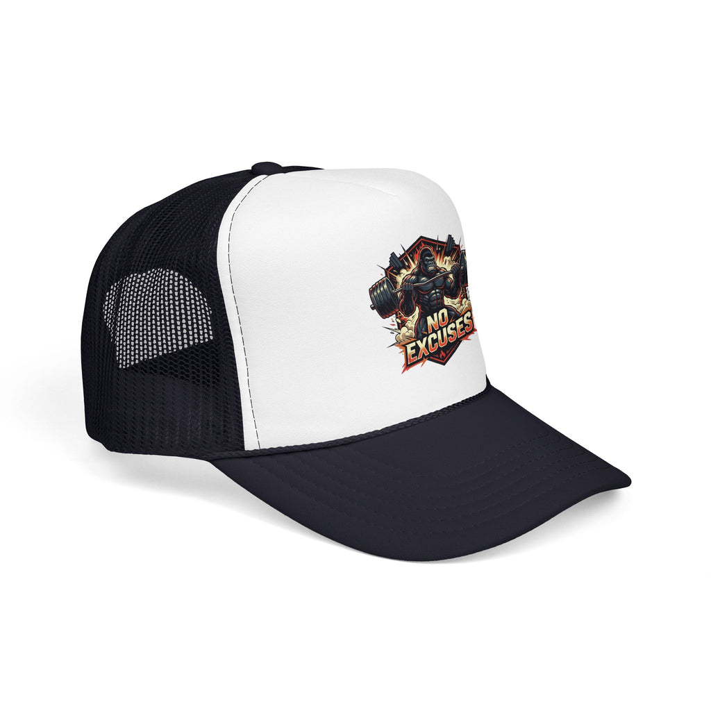 Trucker Hat — 'No Excuses' Gym Skull Design