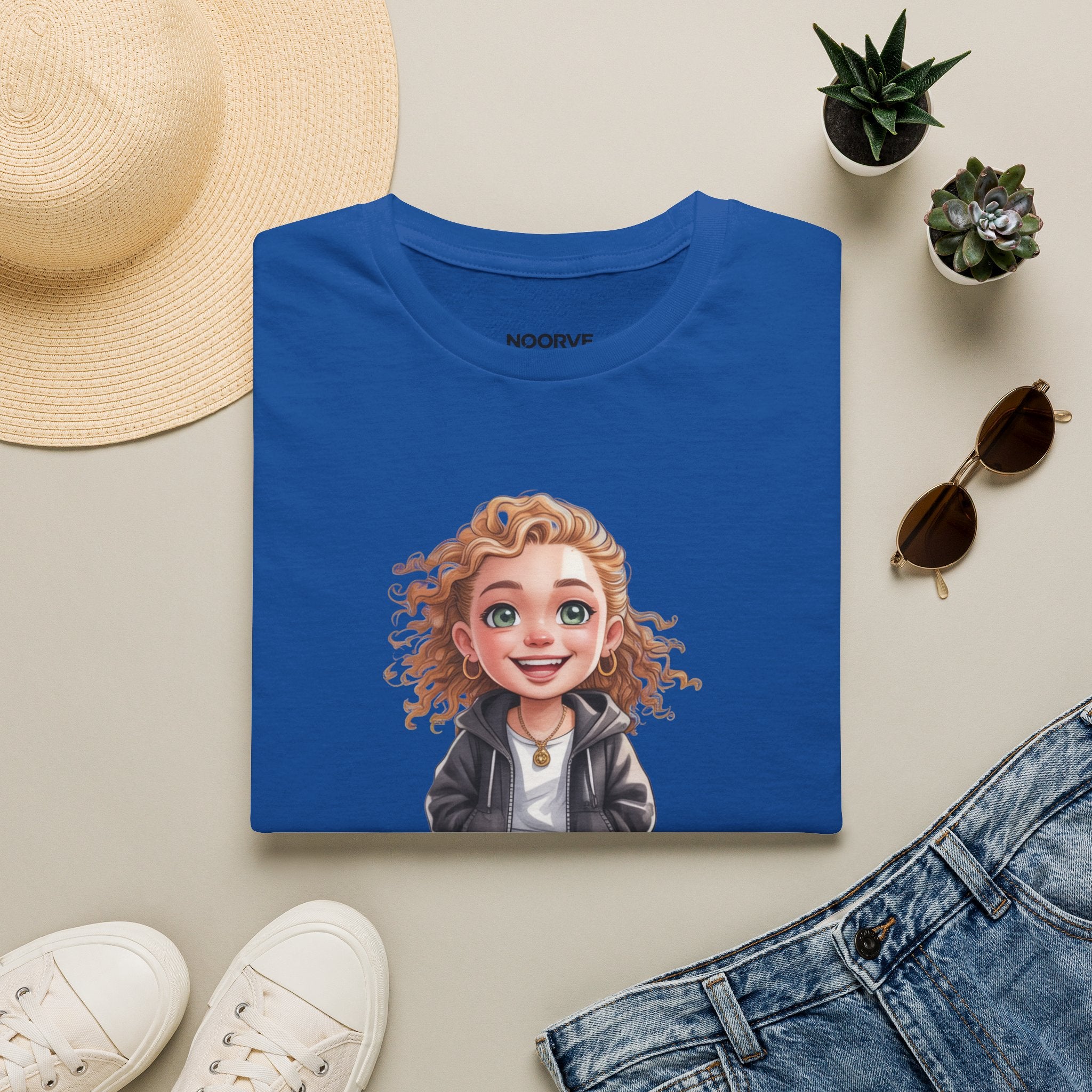 Cute Curly Girl Cartoon T-Shirt — Whimsical Character Tee