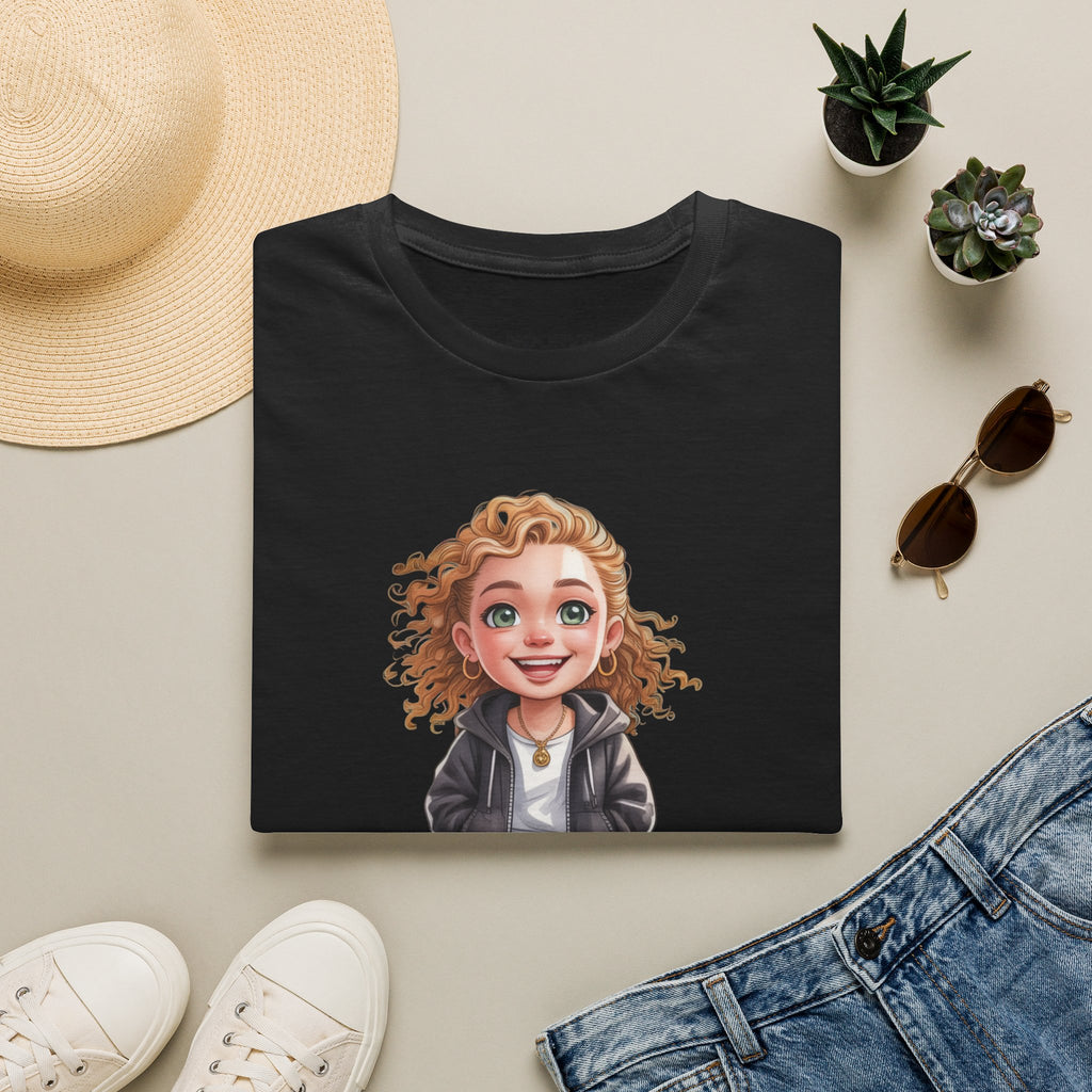 Cute Curly Girl Cartoon T-Shirt — Whimsical Character Tee