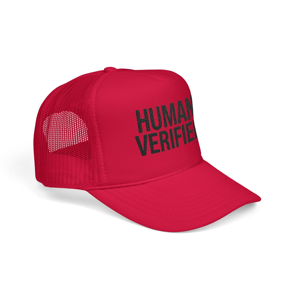 Human Verified Trucker Hat — Distressed Black Mesh Foam Cap