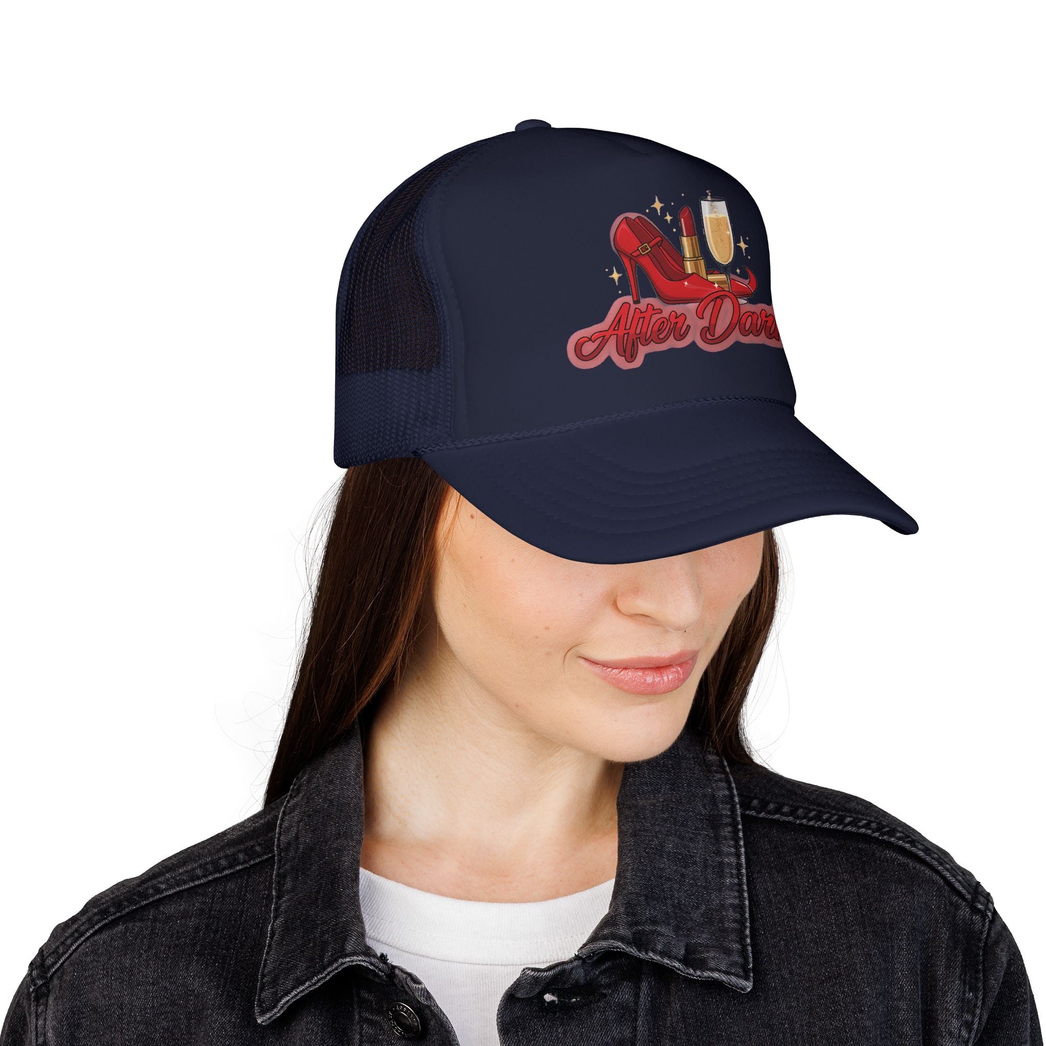 After Dark Trucker Hat — Red Heels & Champagne Foam Cap
