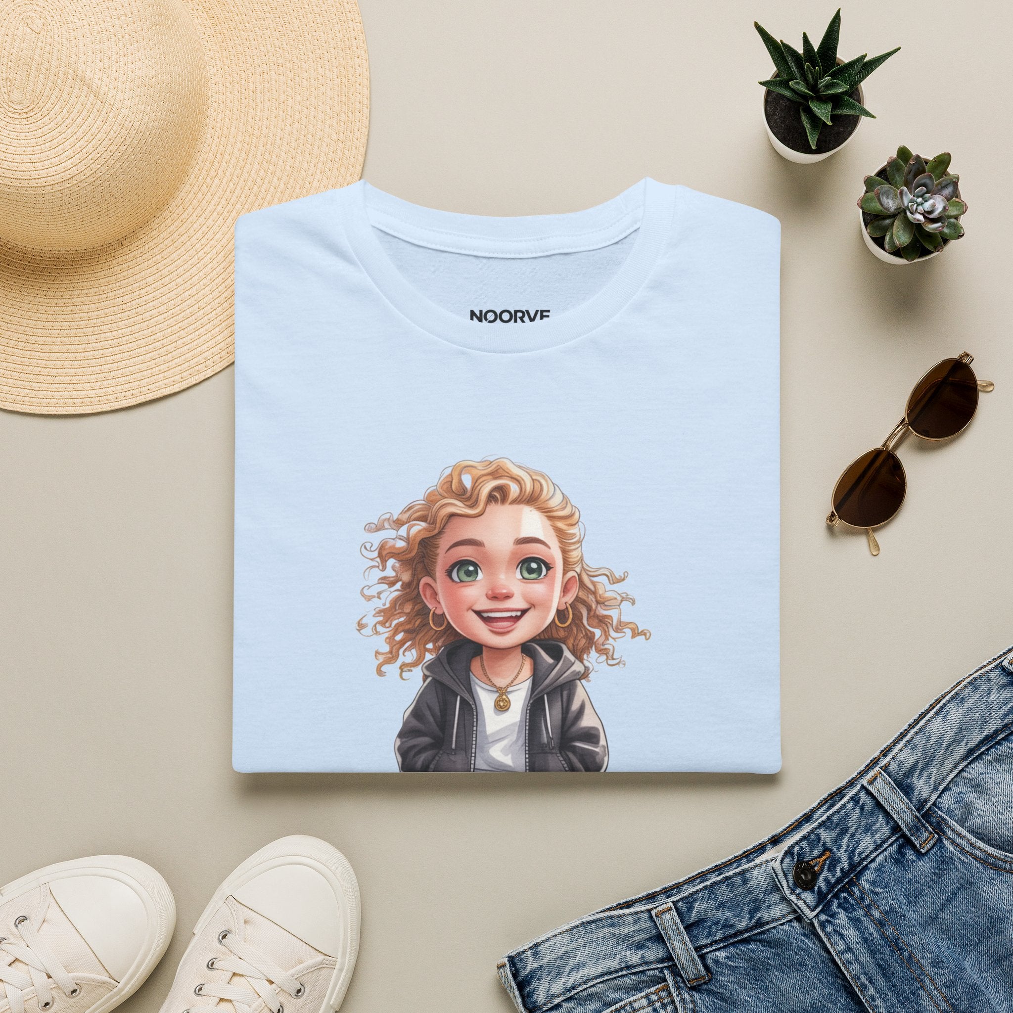 Cute Curly Girl Cartoon T-Shirt — Whimsical Character Tee