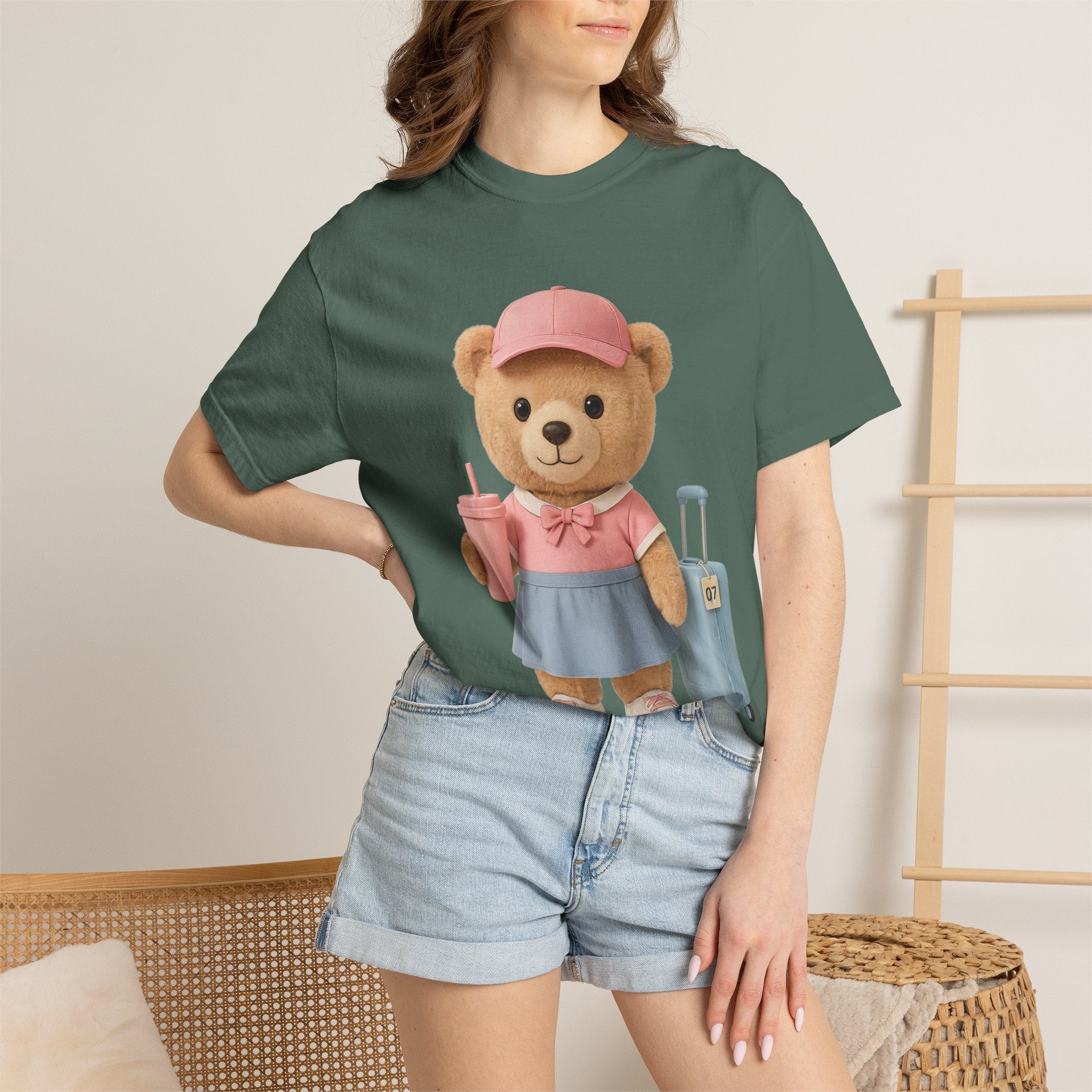 Teddy Traveler T‑Shirt — Cute Bear with Luggage & Cup Graphic
