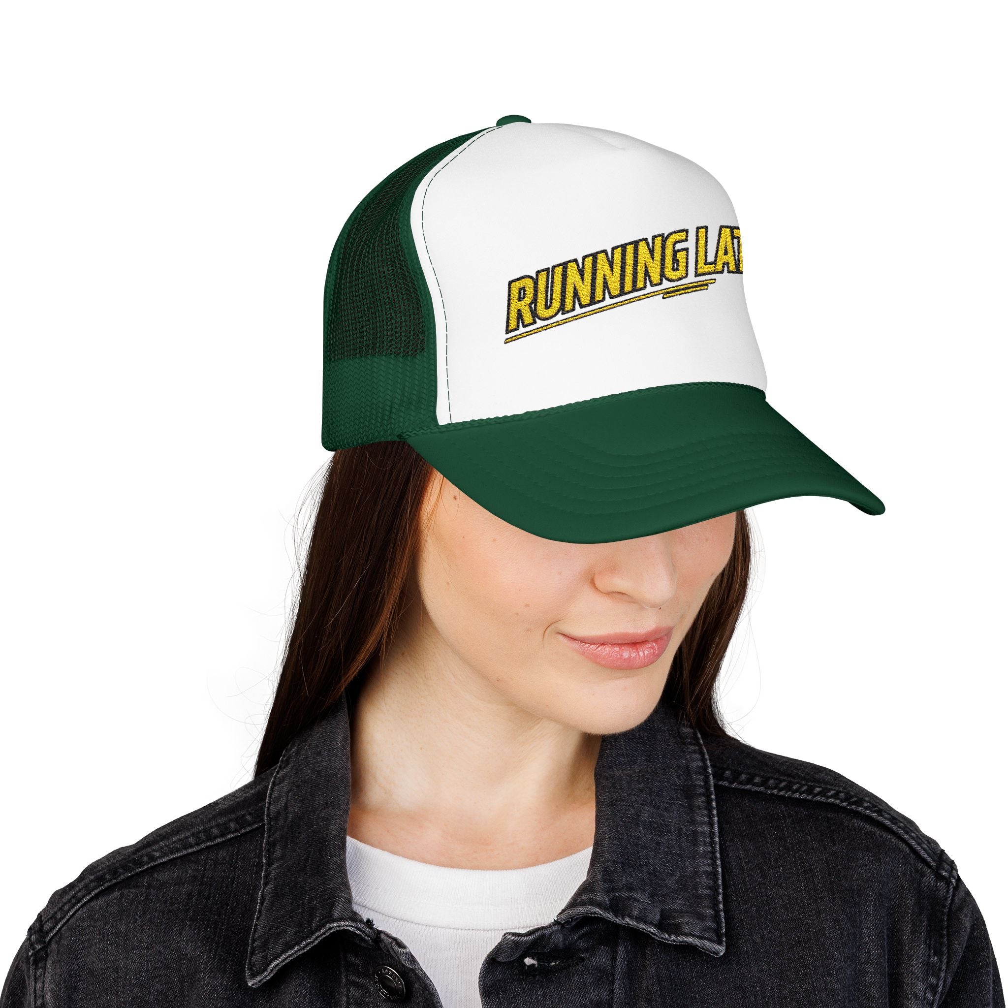 Running Late Trucker Hat — Funny Retro Foam Mesh Cap