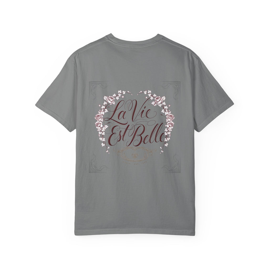 La Vie Est Belle Graphic T-Shirt — Feminine Portrait & Floral Back Print