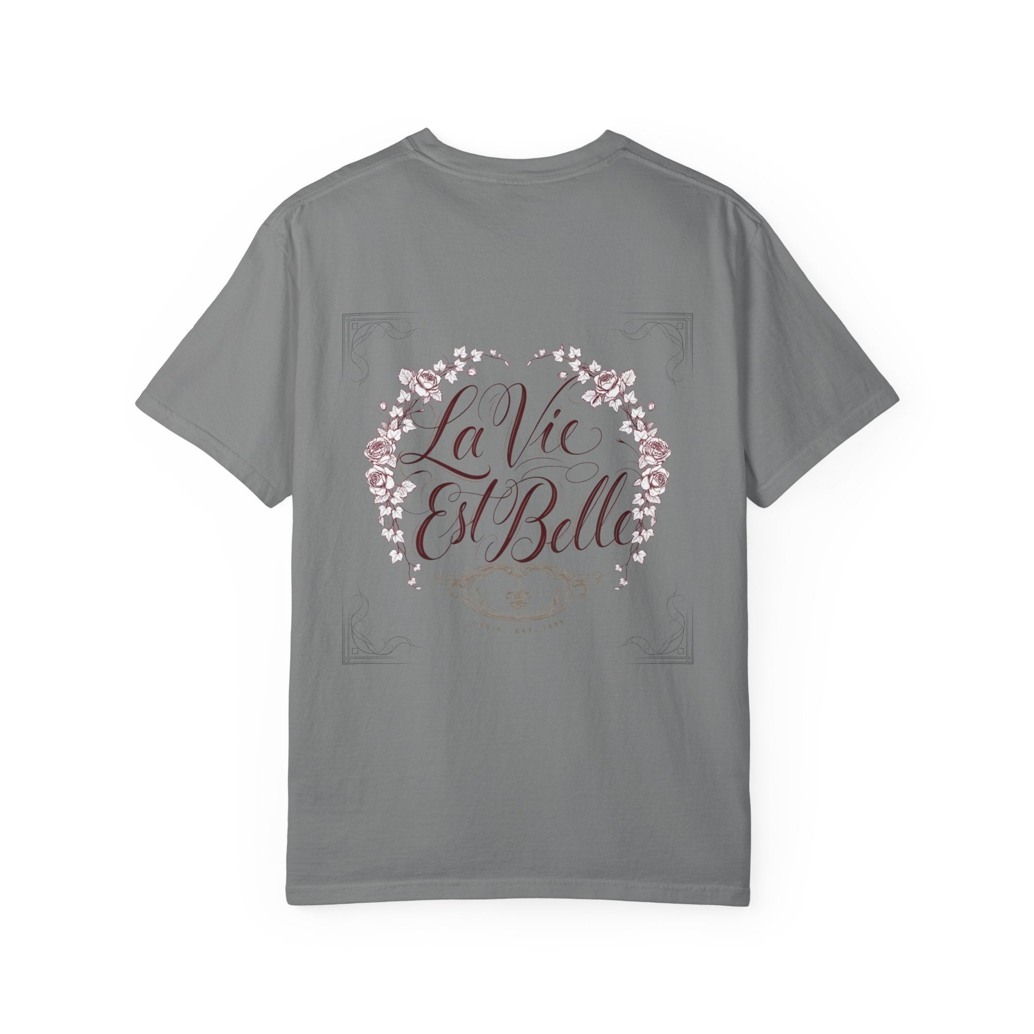 La Vie Est Belle Graphic T-Shirt — Feminine Portrait & Floral Back Print
