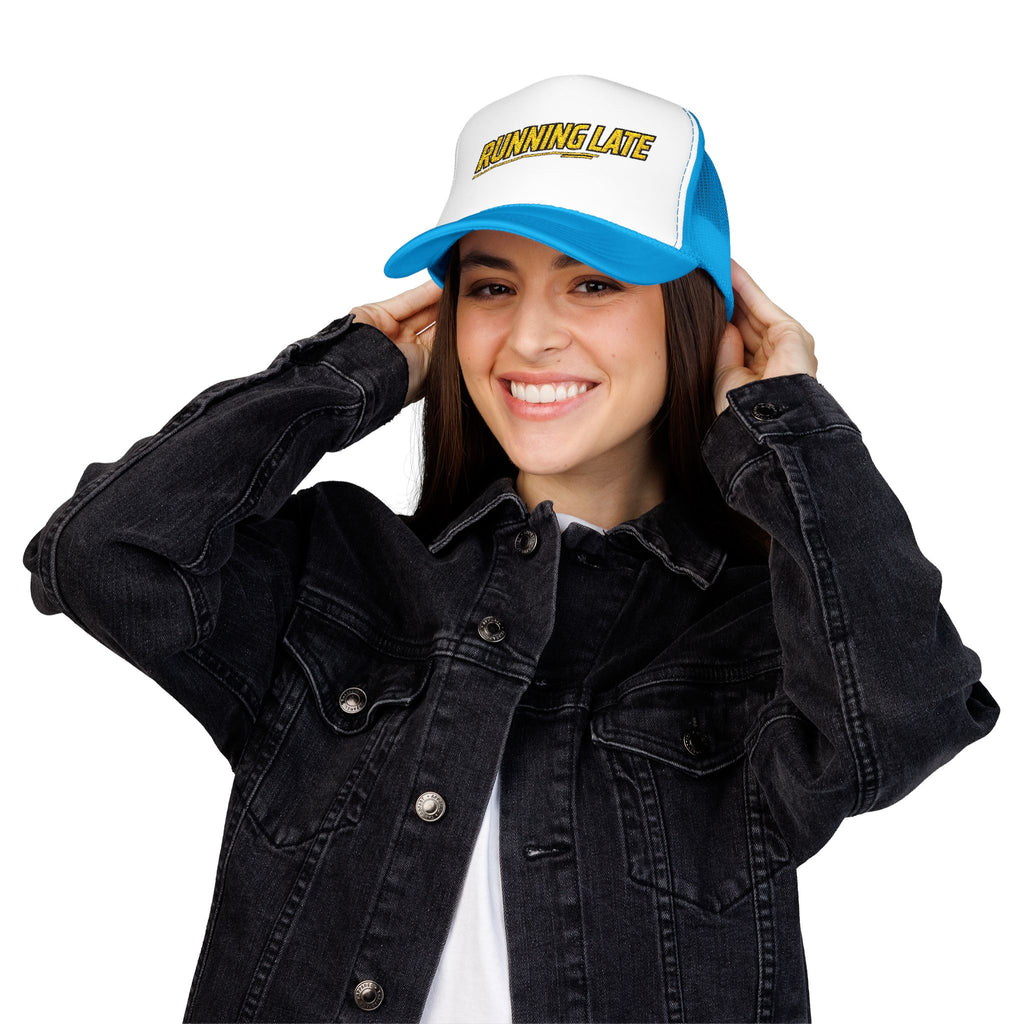 Running Late Trucker Hat — Funny Retro Foam Mesh Cap