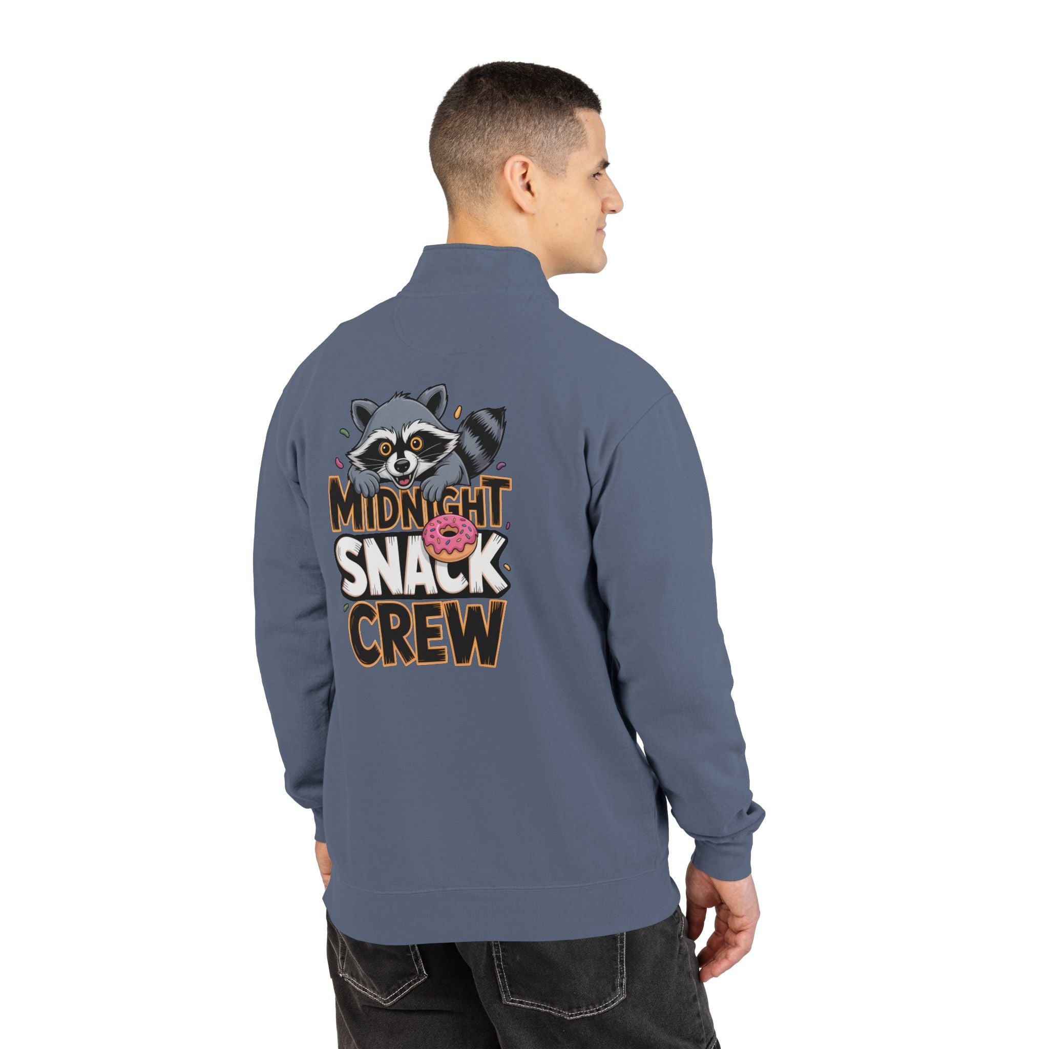 Quarter-Zip Sweatshirt — "Midnight Snack Crew" Raccoon Graphic
