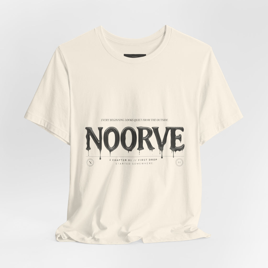 Noorve Drip Logo T-Shirt — Graphic White Tee with Gothic Dripping Text