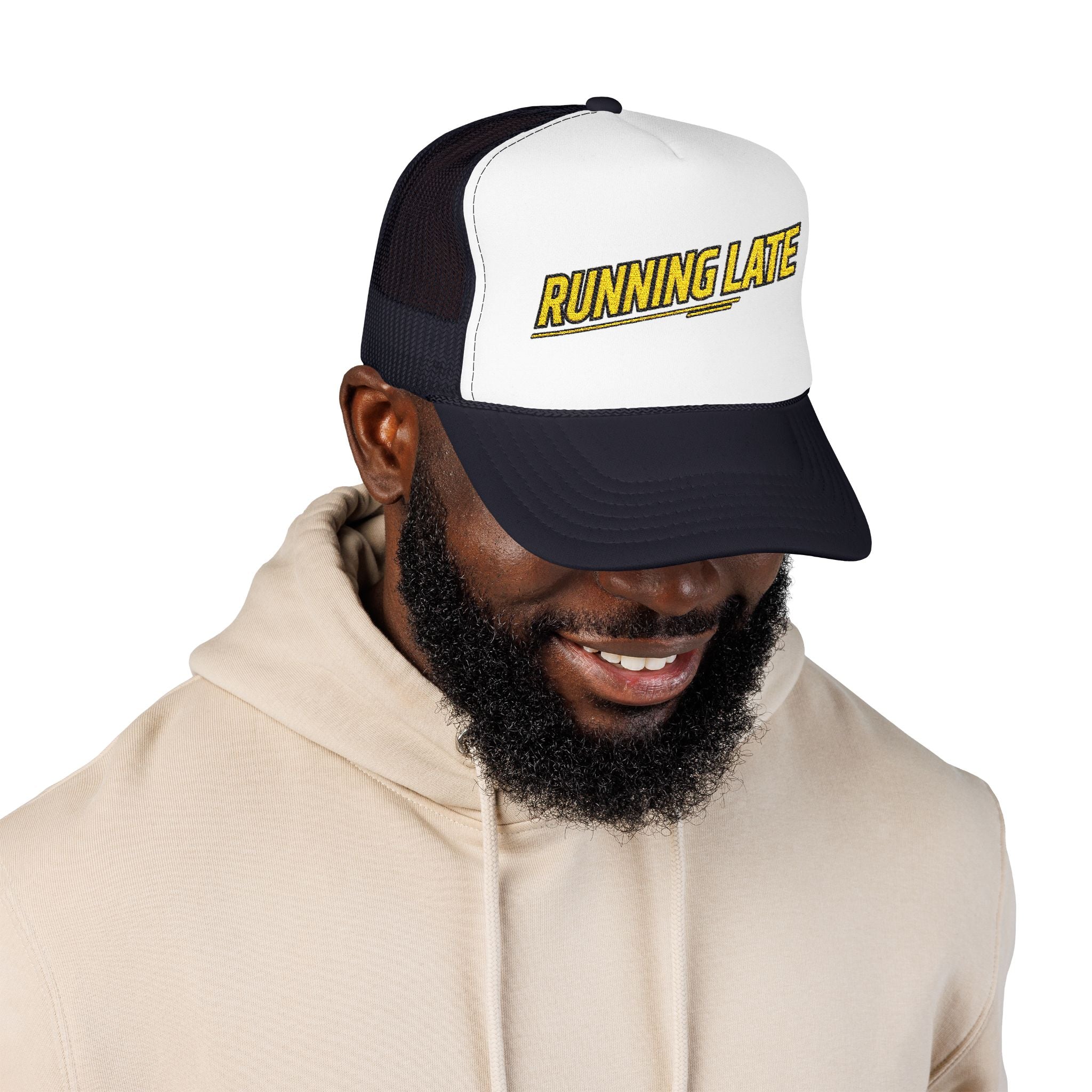 Running Late Trucker Hat — Funny Retro Foam Mesh Cap