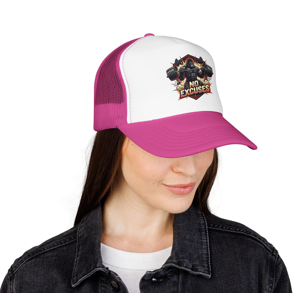 Trucker Hat — 'No Excuses' Gym Skull Design