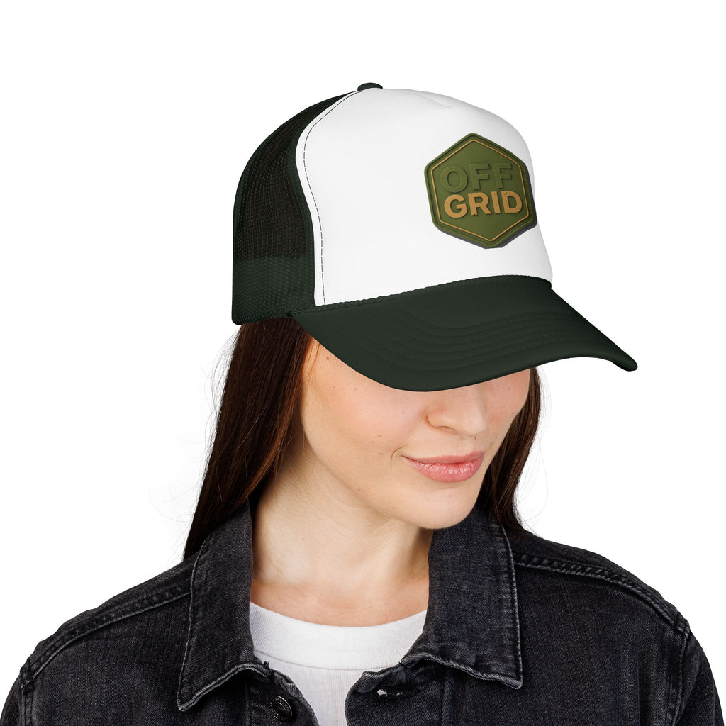 Off Grid Patch Trucker Hat — Military Green Adventure Cap