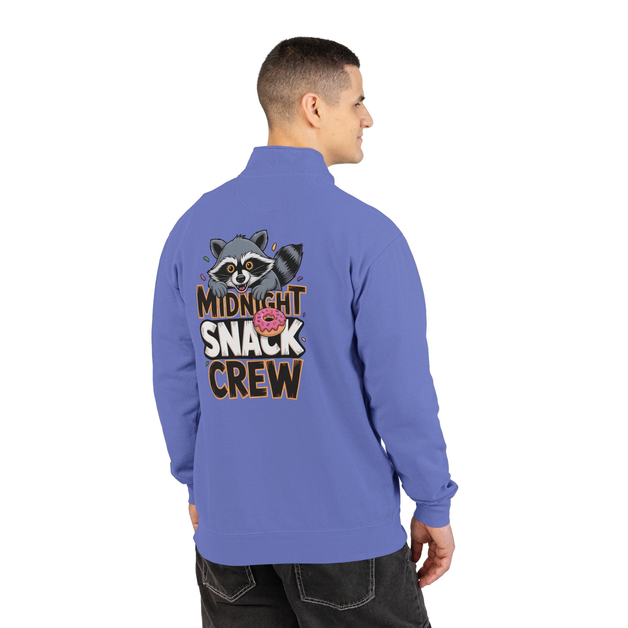 Quarter-Zip Sweatshirt — "Midnight Snack Crew" Raccoon Graphic