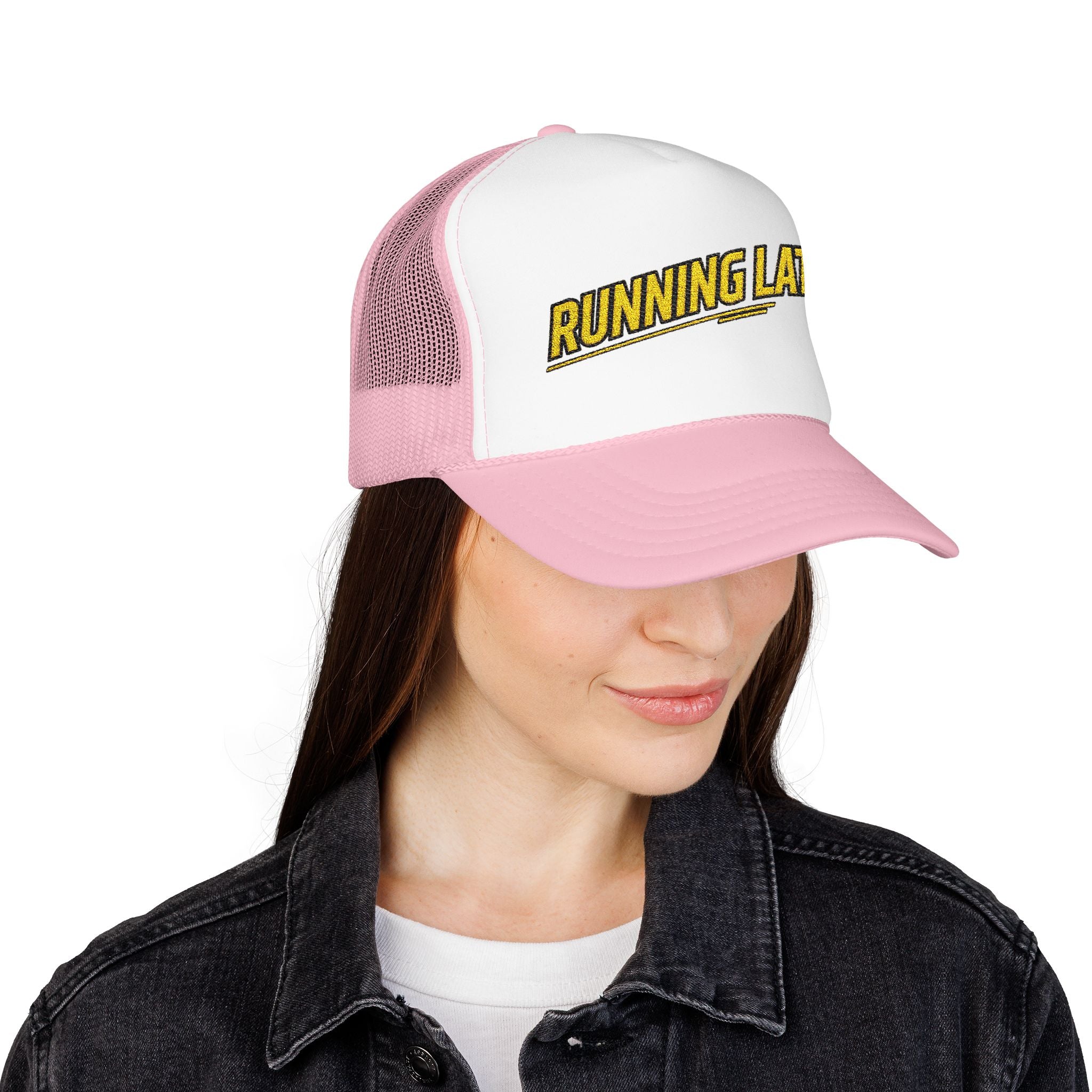 Running Late Trucker Hat — Funny Retro Foam Mesh Cap