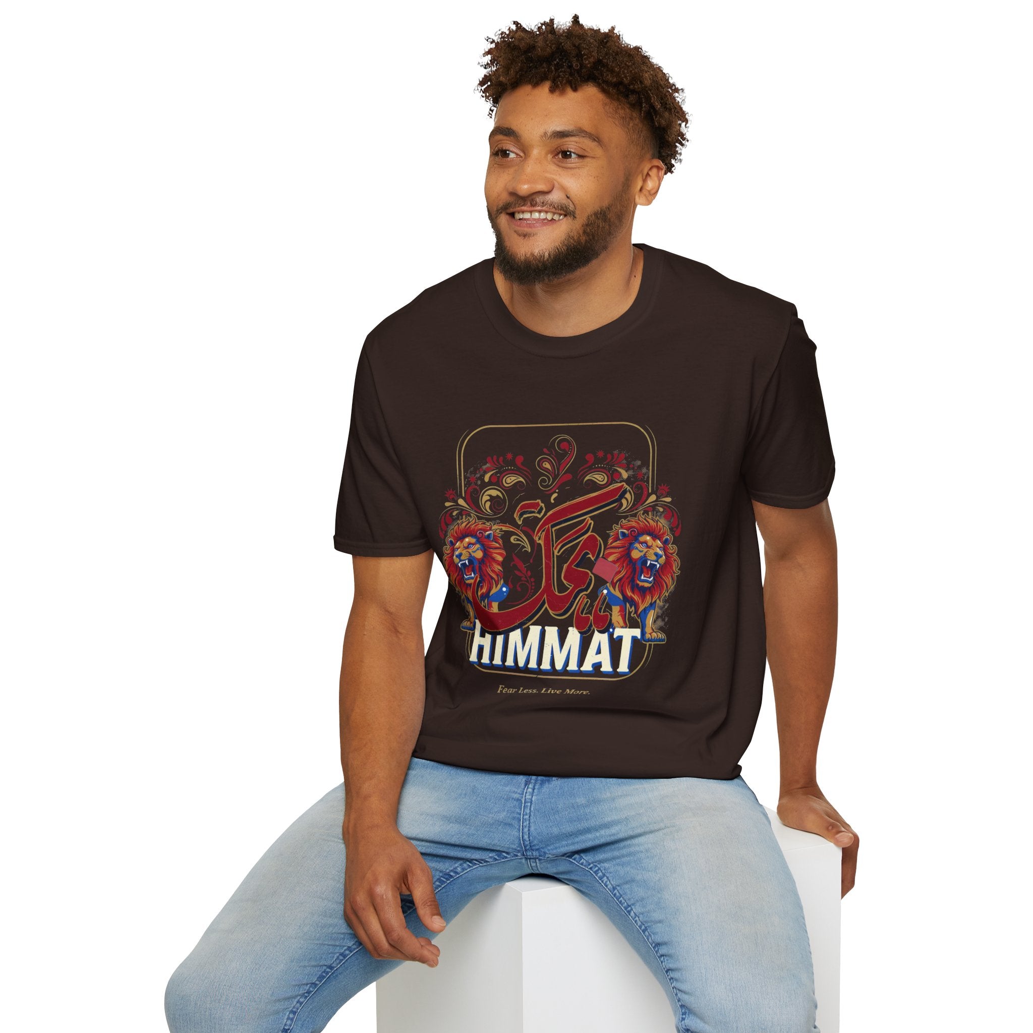 Arabic Calligraphy T-Shirt — 'Himmat' Lion Floral Graphic Tee
