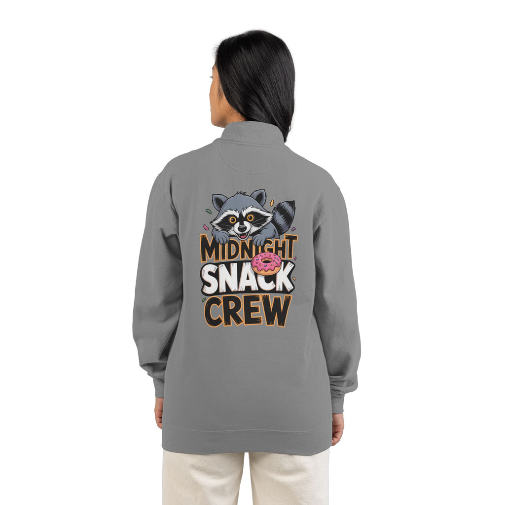 Quarter-Zip Sweatshirt — "Midnight Snack Crew" Raccoon Graphic