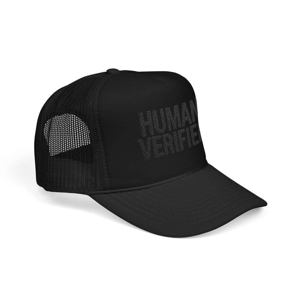 Human Verified Trucker Hat — Distressed Black Mesh Foam Cap | Noorve | Hats