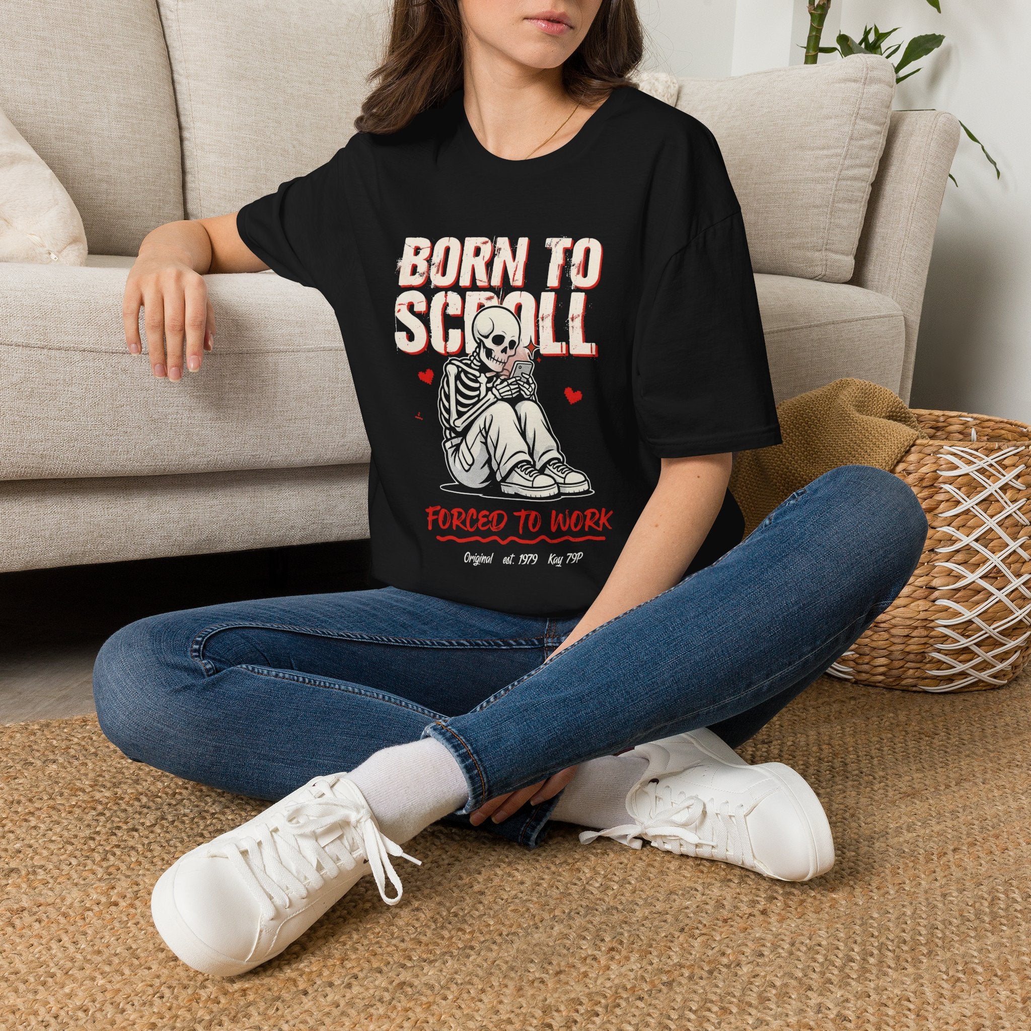 Born to Scroll T-Shirt — Cute Skeleton Born to Scroll, Forced to Work Graphic Tee | Noorve | T-Shirt