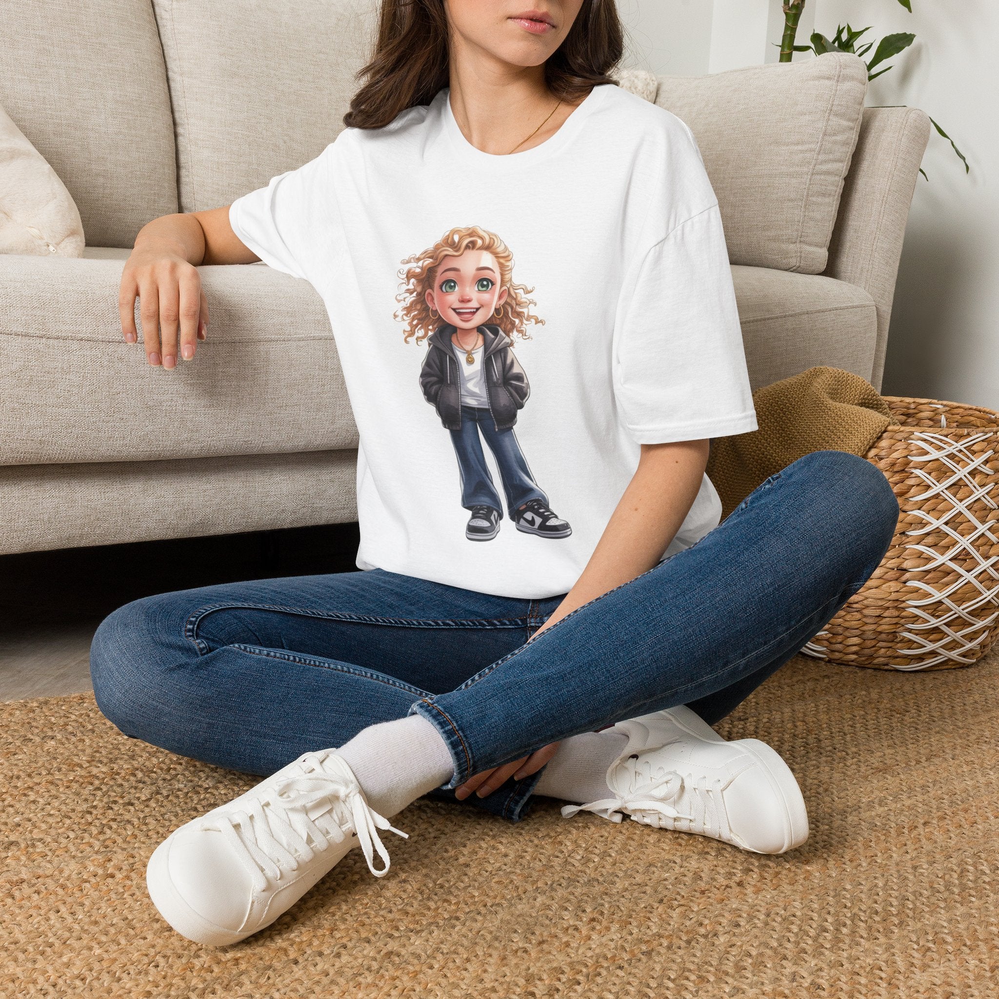Cute Curly Girl Cartoon T-Shirt — Whimsical Character Tee