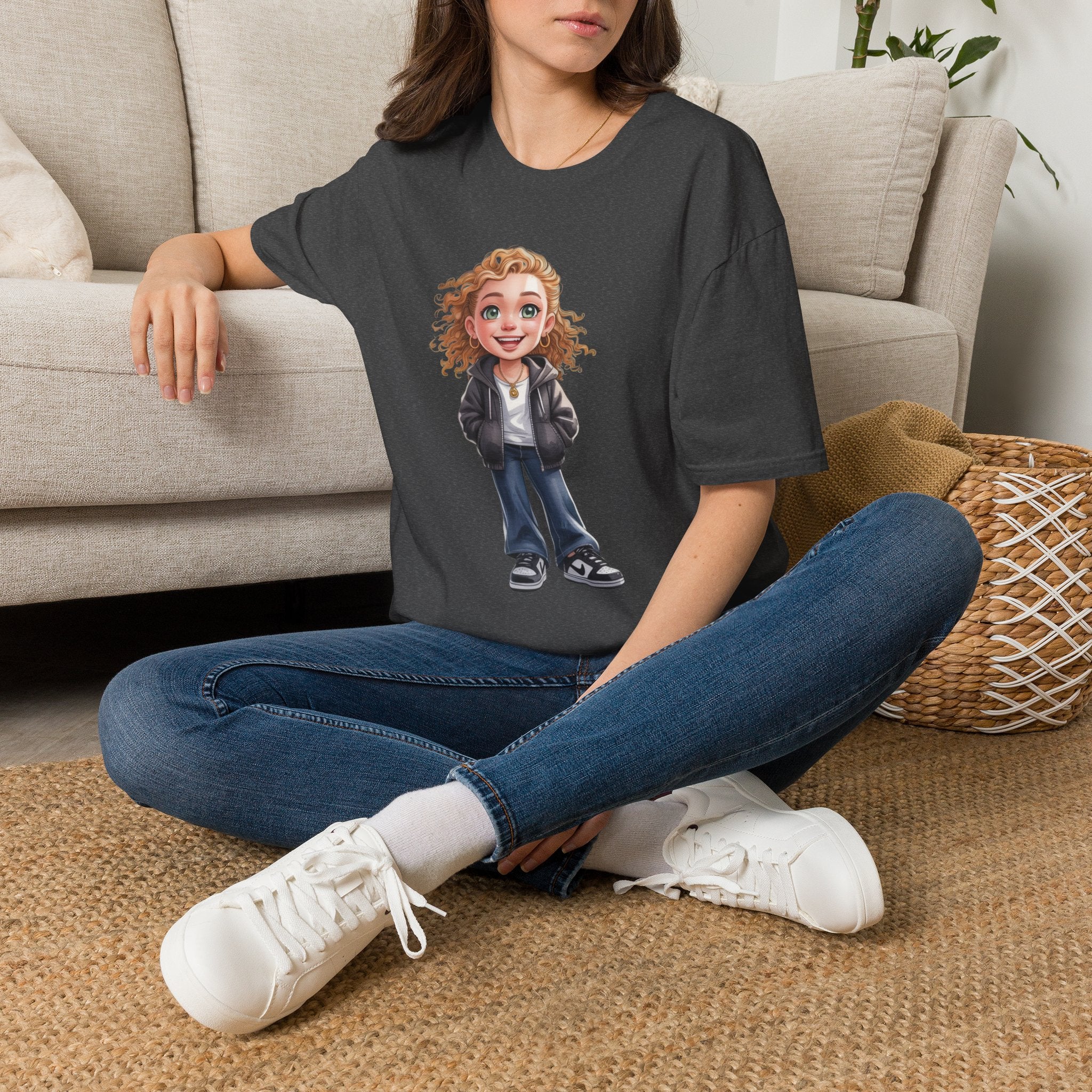 Cute Curly Girl Cartoon T-Shirt — Whimsical Character Tee | Noorve | T-Shirt