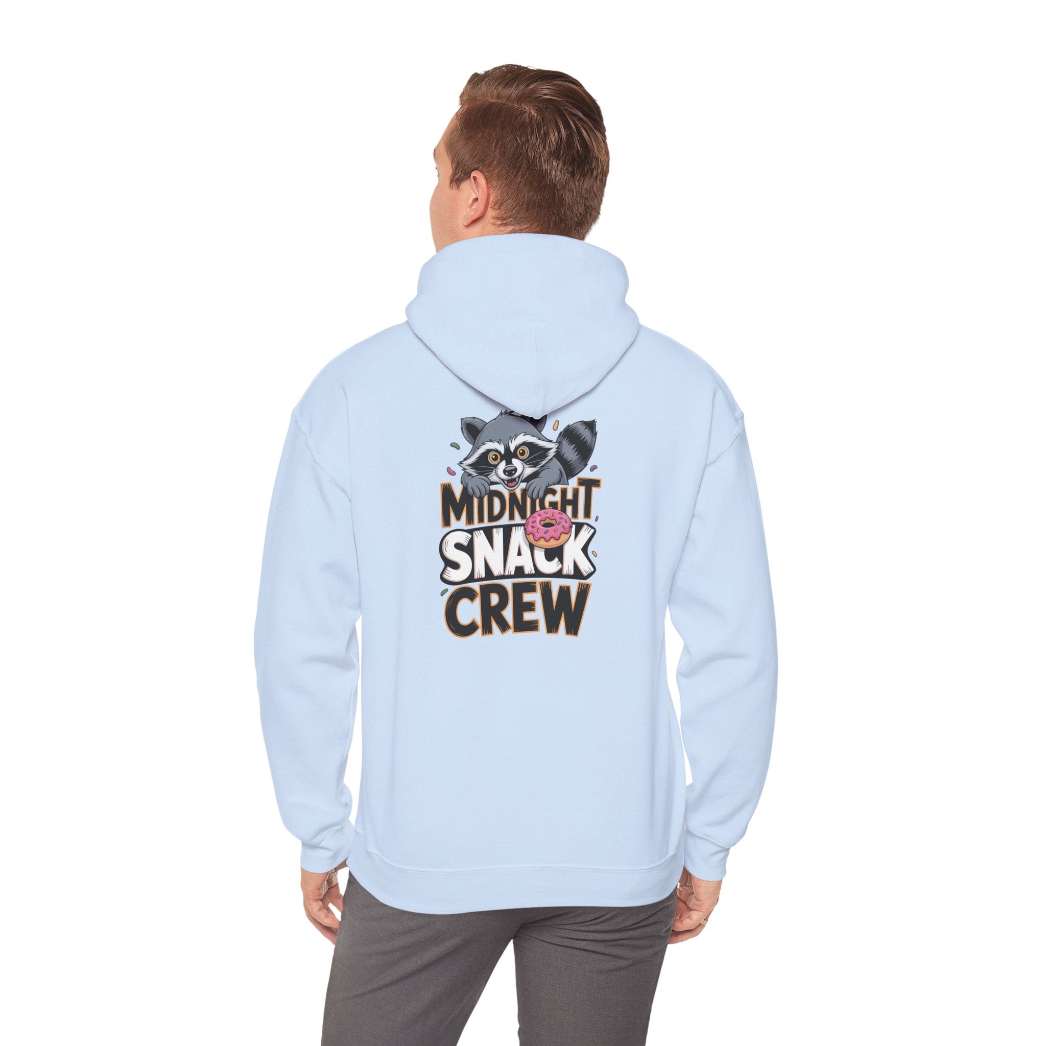 Midnight Snack Crew Hoodie — 'Wake the Sky' Raccoon Graphic Hooded Sweatshirt