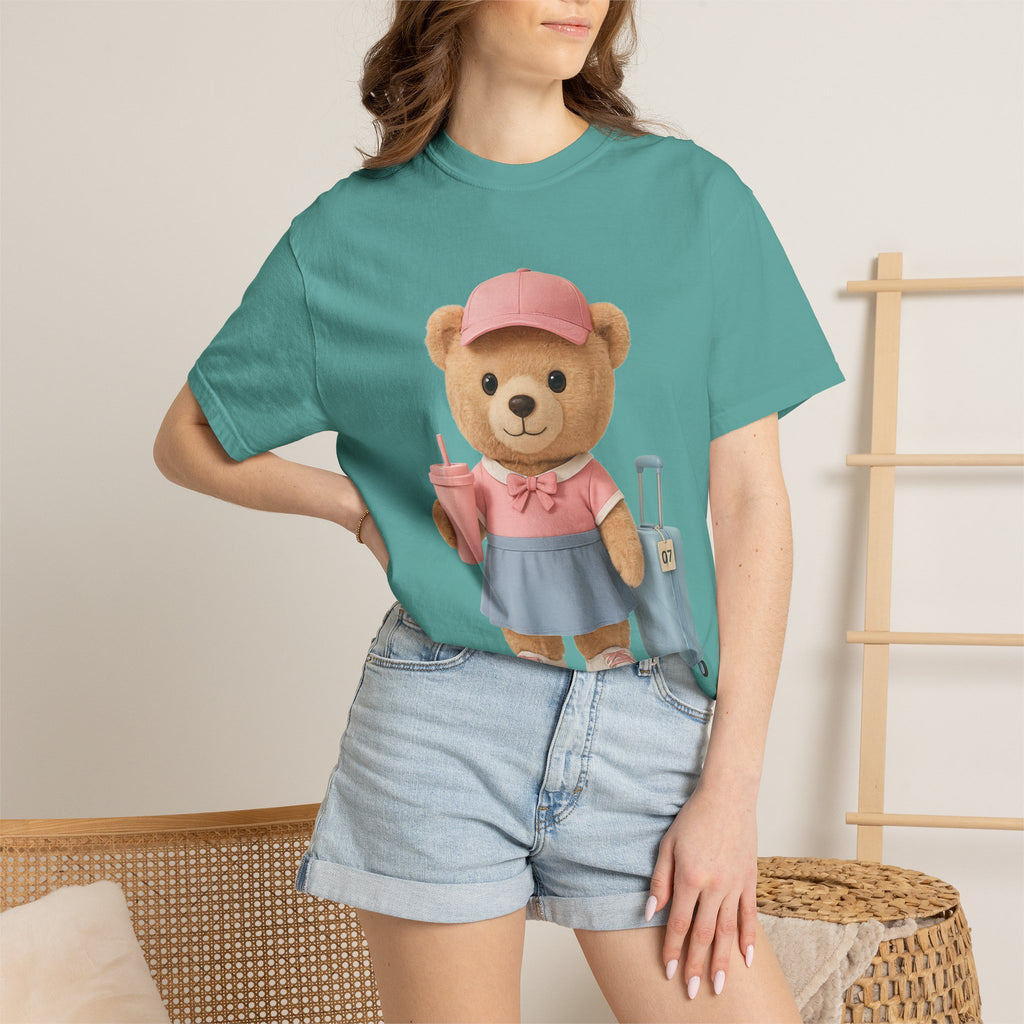 Teddy Traveler T‑Shirt — Cute Bear with Luggage & Cup Graphic