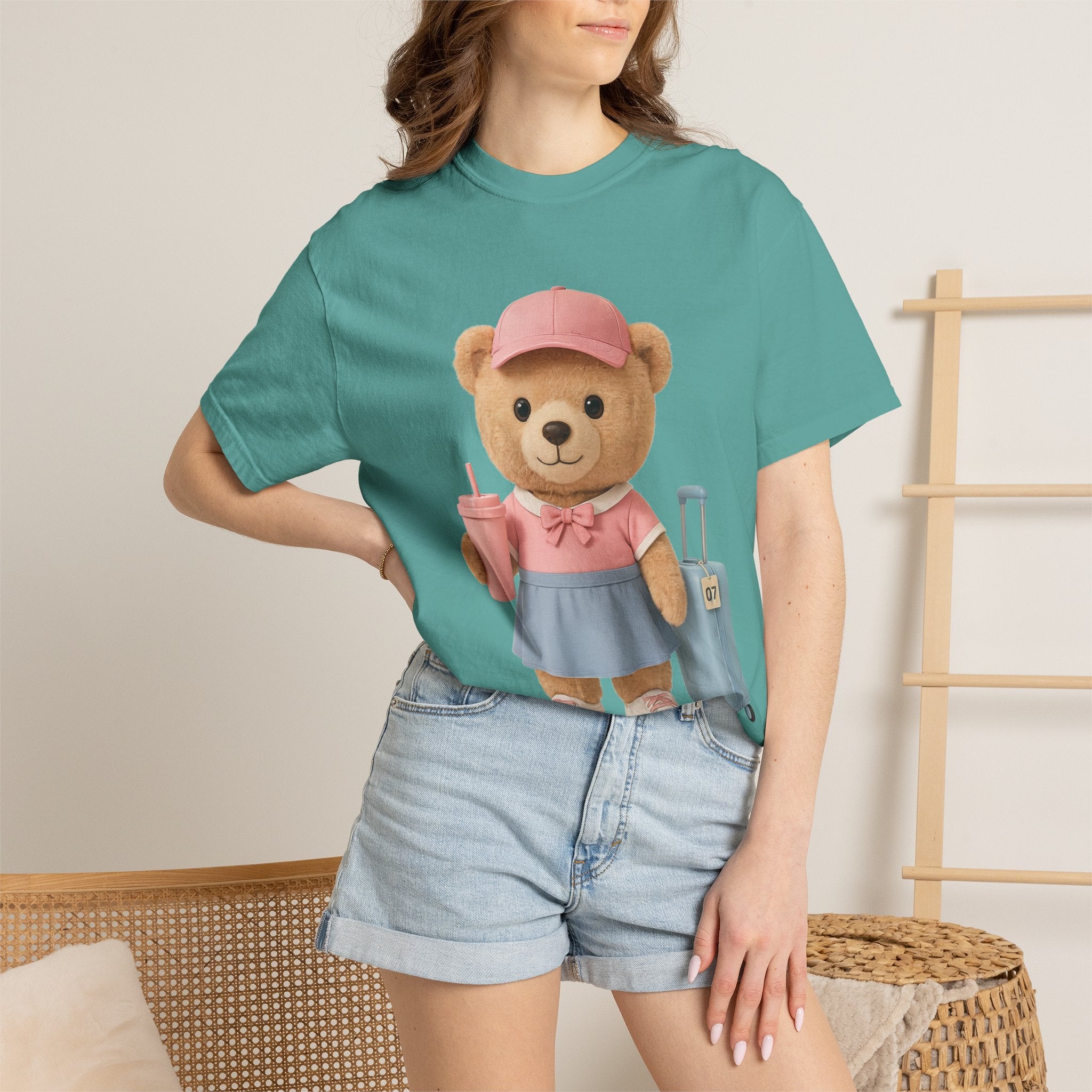 Teddy Traveler T‑Shirt — Cute Bear with Luggage & Cup Graphic