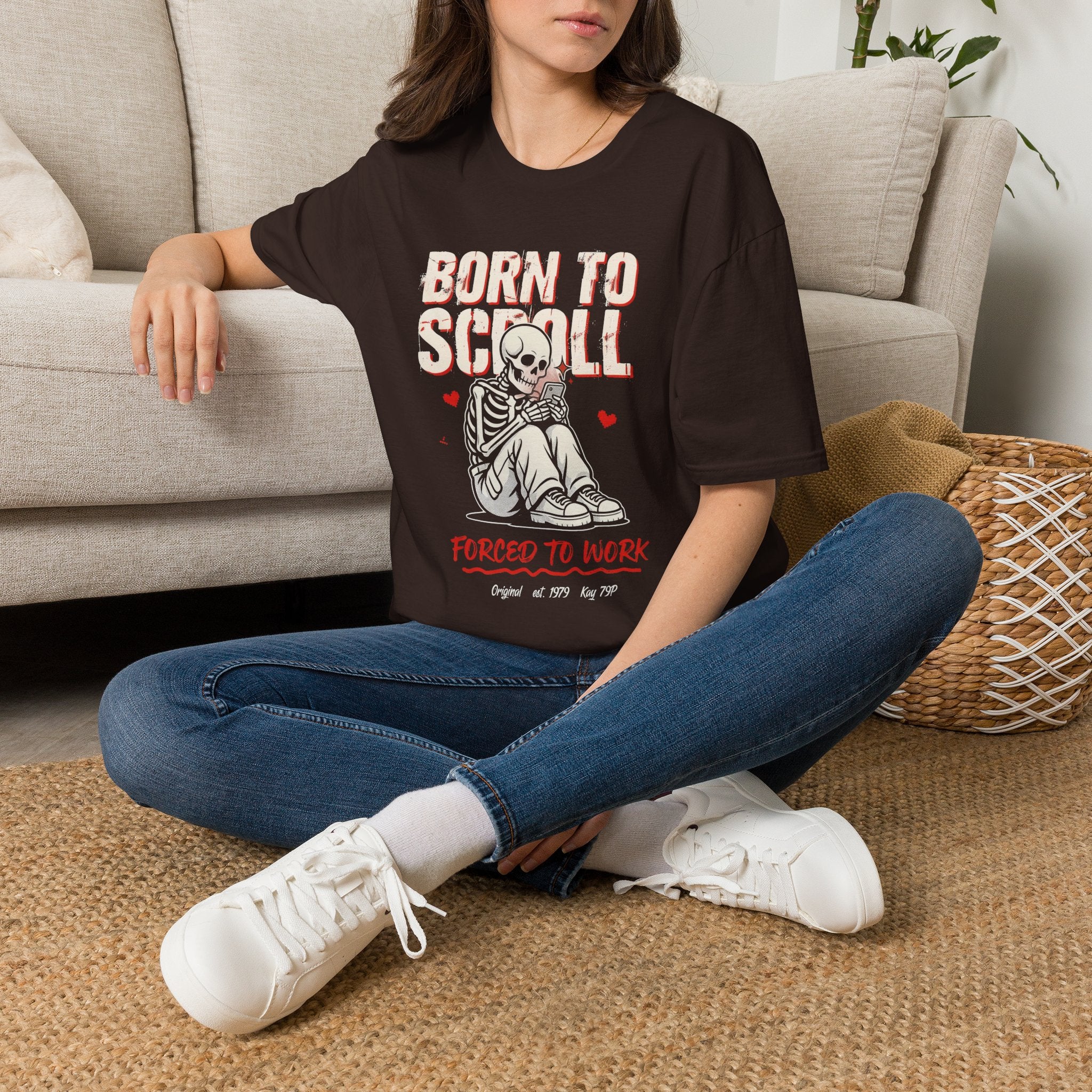 Born to Scroll T-Shirt — Cute Skeleton "Born to Scroll, Forced to Work" Graphic Tee
