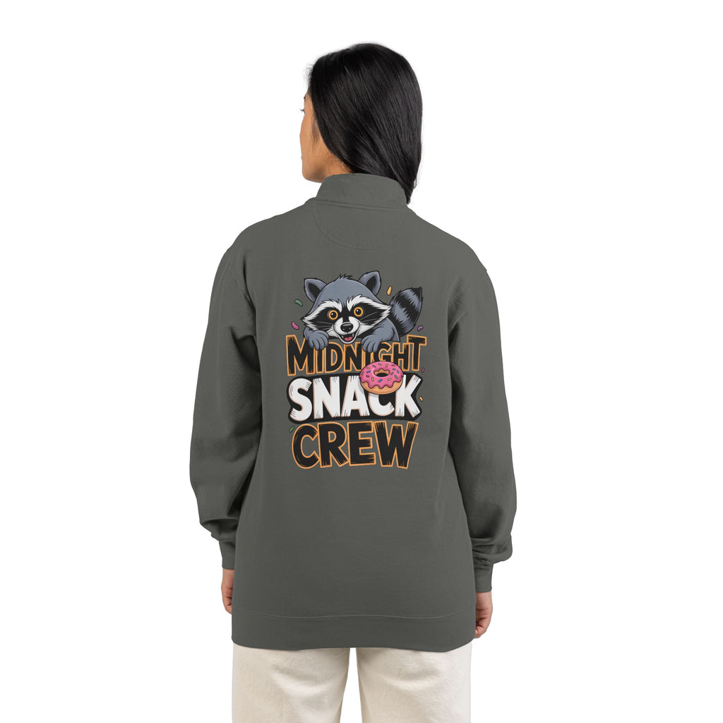Quarter-Zip Sweatshirt — "Midnight Snack Crew" Raccoon Graphic