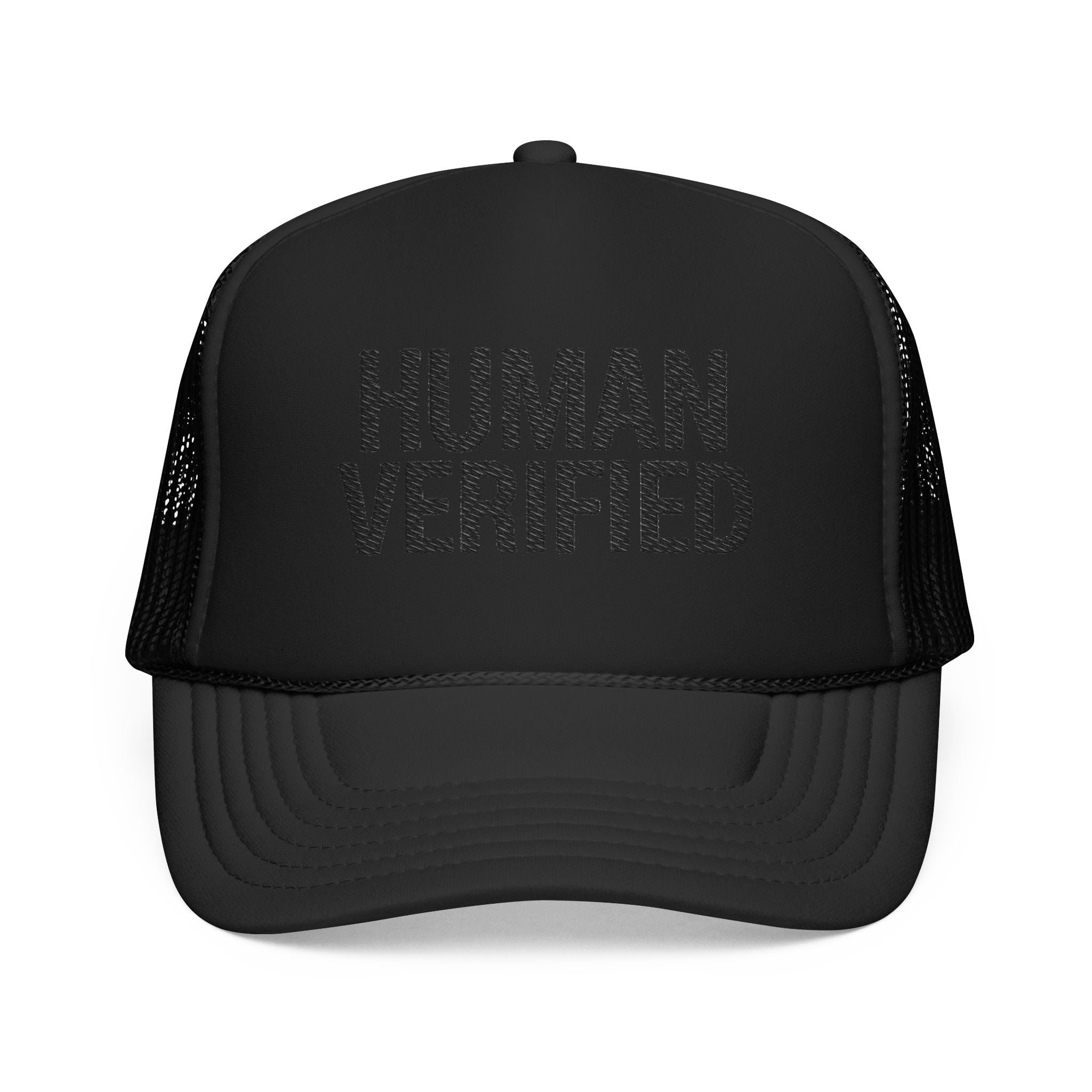 Human Verified Trucker Hat — Distressed Black Mesh Foam Cap | Noorve | Hats
