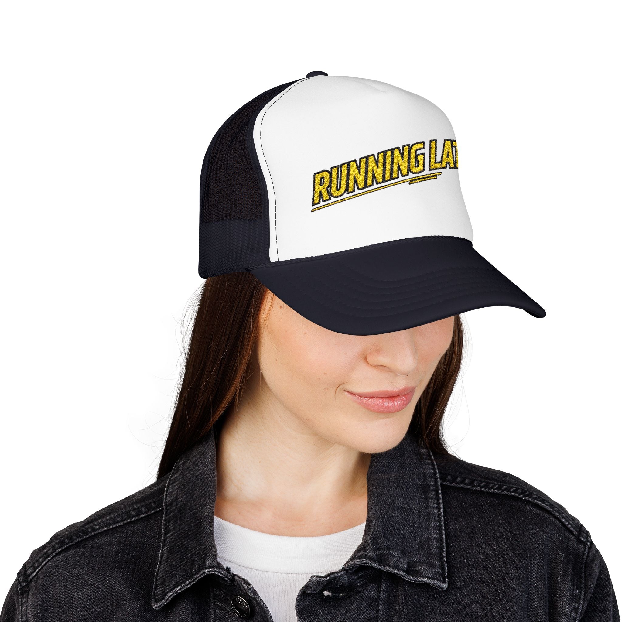 Running Late Trucker Hat — Funny Retro Foam Mesh Cap