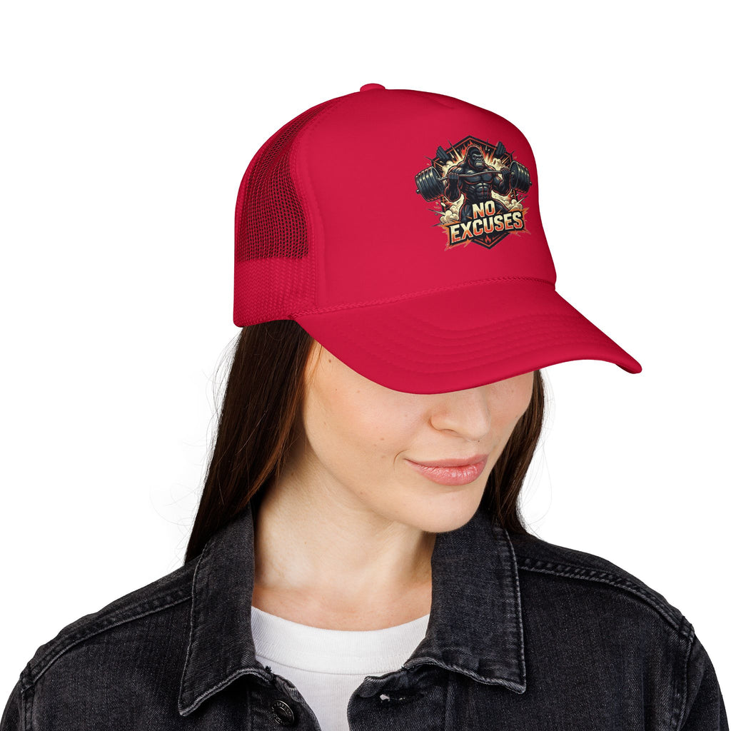 Trucker Hat — 'No Excuses' Gym Skull Design