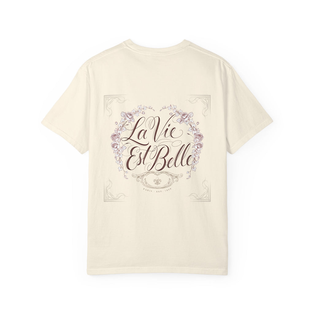 La Vie Est Belle Graphic T-Shirt — Feminine Portrait & Floral Back Print