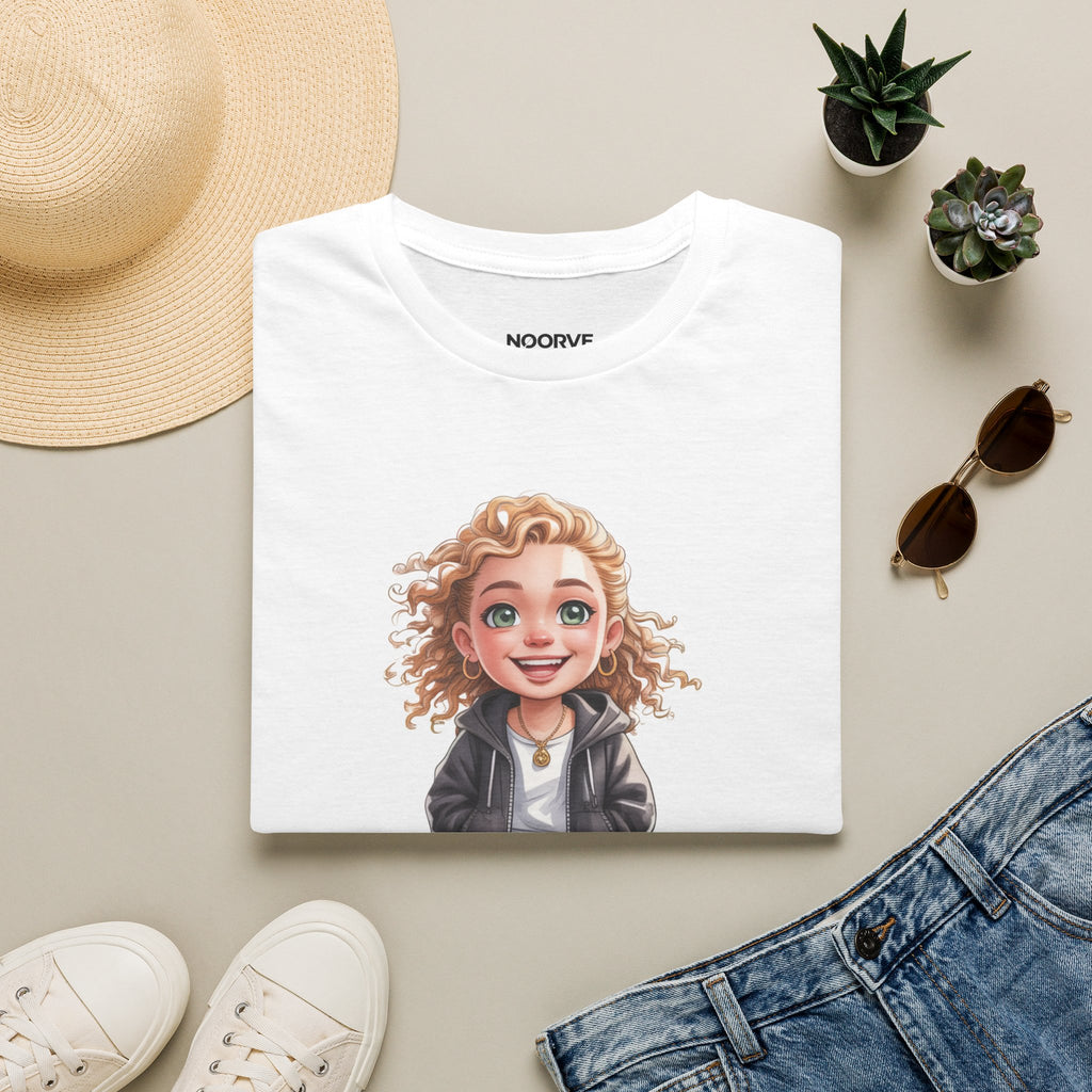 Cute Curly Girl Cartoon T-Shirt — Whimsical Character Tee