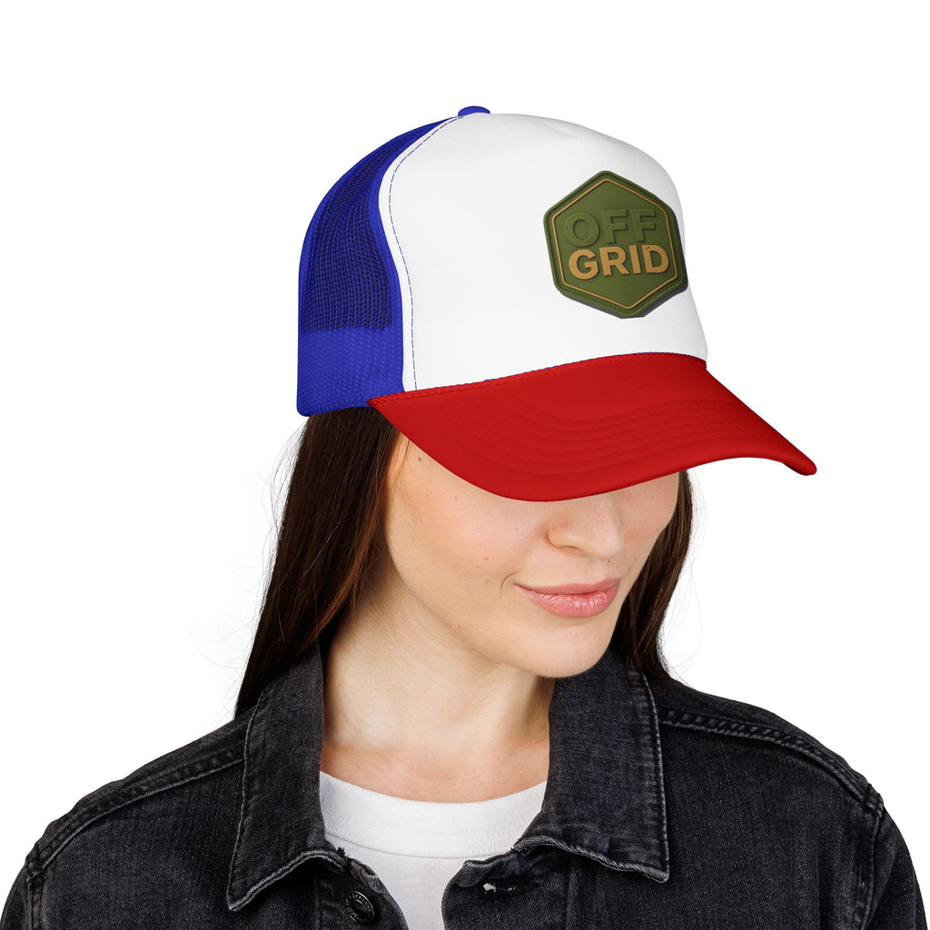 Off Grid Patch Trucker Hat — Military Green Adventure Cap