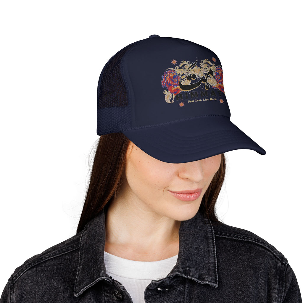 Trucker Hat — Vintage Floral Rose Skull Design (Live Loud, Live More)