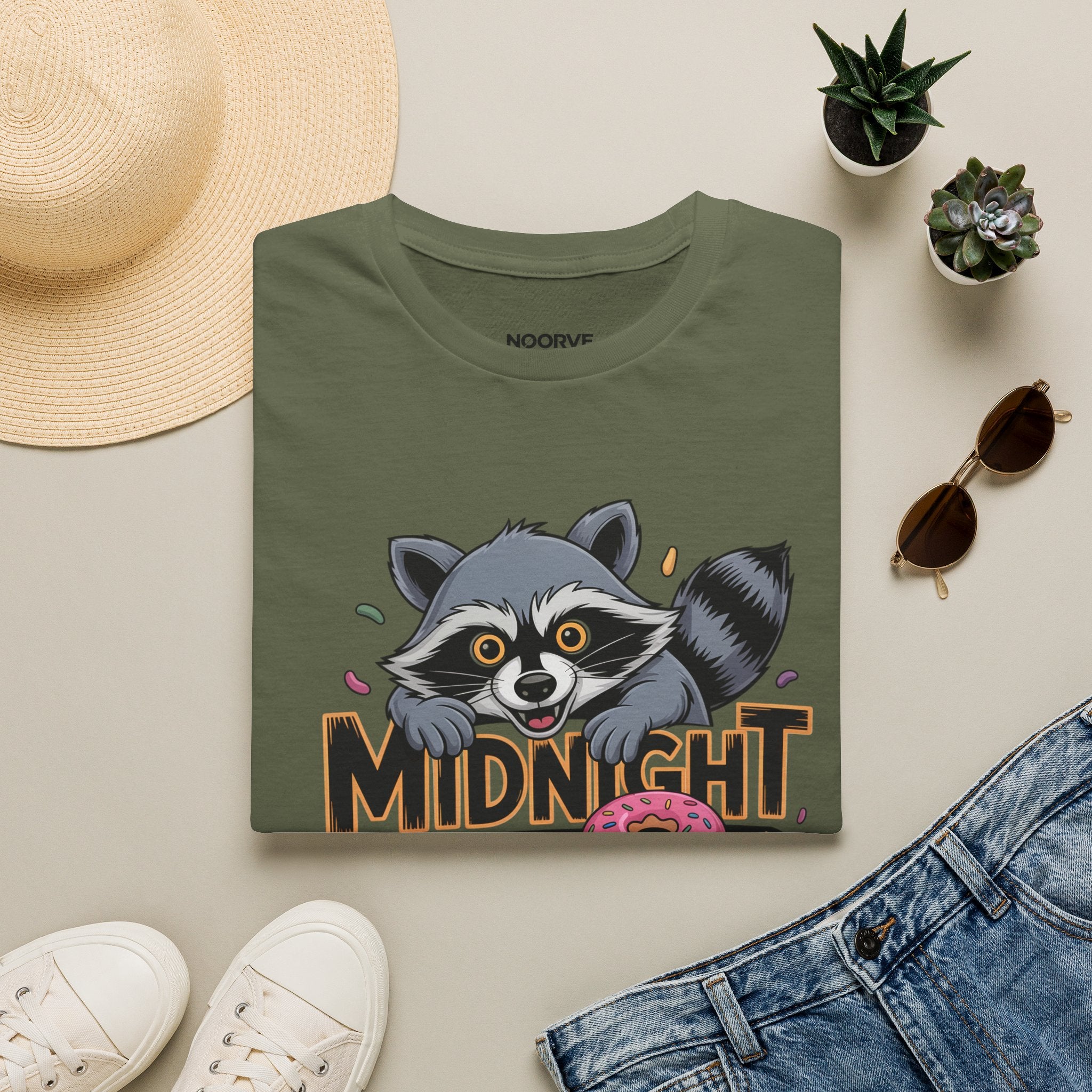 Midnight Snack Crew T-Shirt — Cute Raccoon Donut Tee | Noorve | T-Shirt