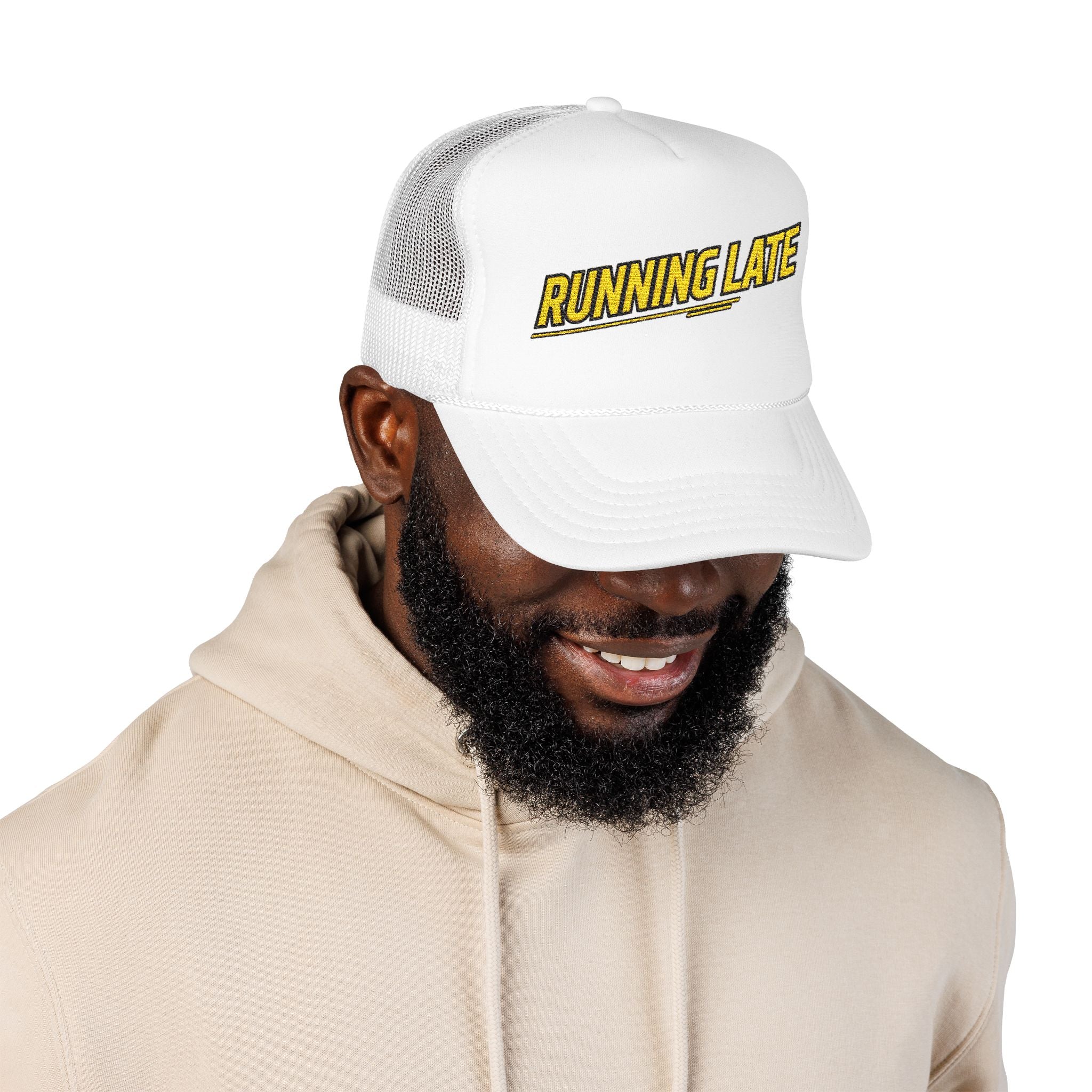 Running Late Trucker Hat — Funny Retro Foam Mesh Cap