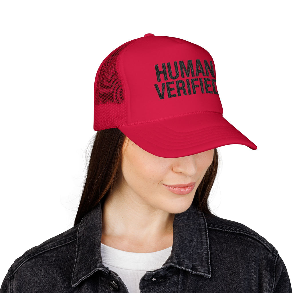 Human Verified Trucker Hat — Distressed Black Mesh Foam Cap