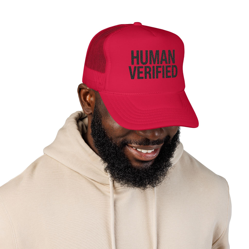 Human Verified Trucker Hat — Distressed Black Mesh Foam Cap