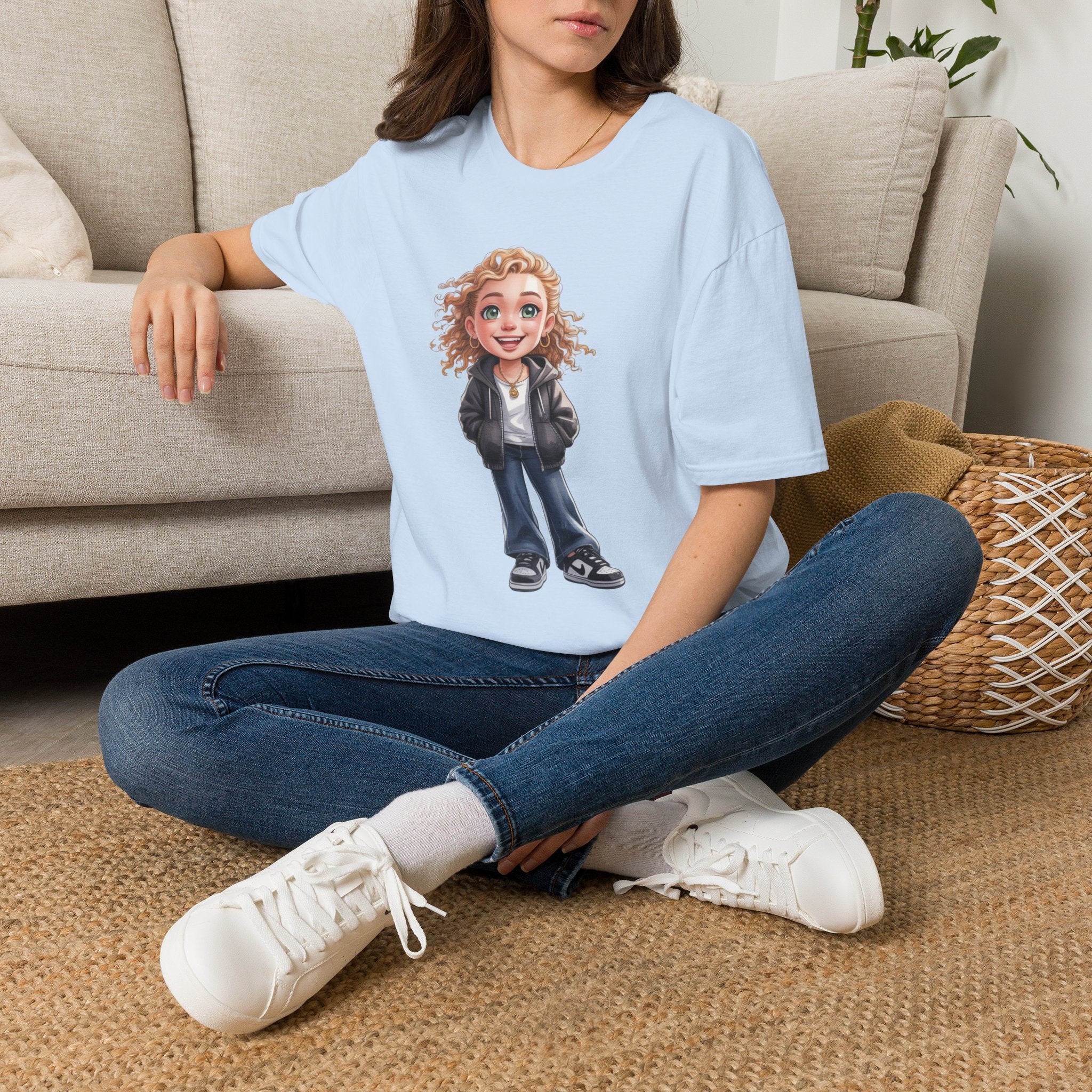 Cute Curly Girl Cartoon T-Shirt — Whimsical Character Tee | Noorve | T-Shirt