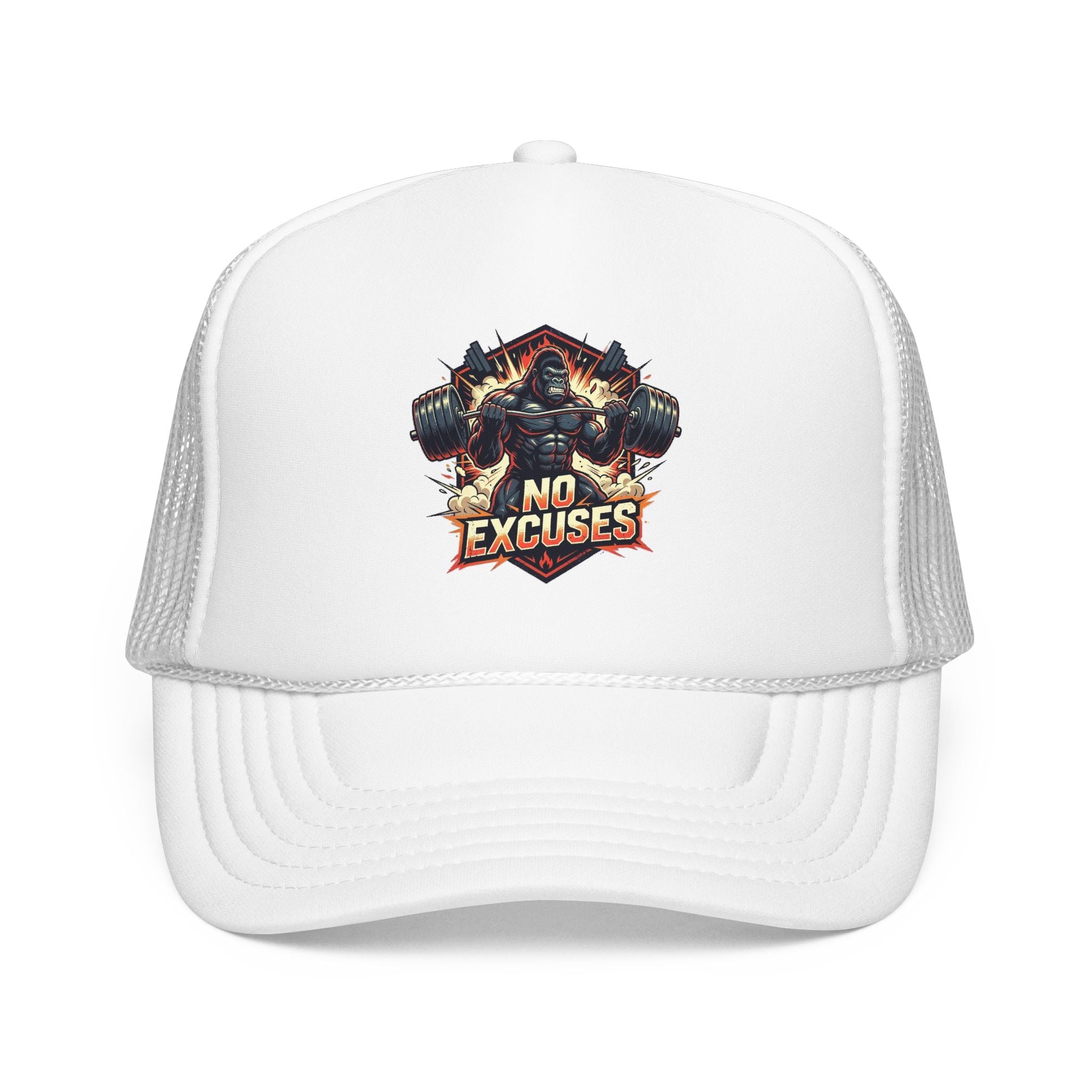 Trucker Hat — 'No Excuses' Gym Skull Design