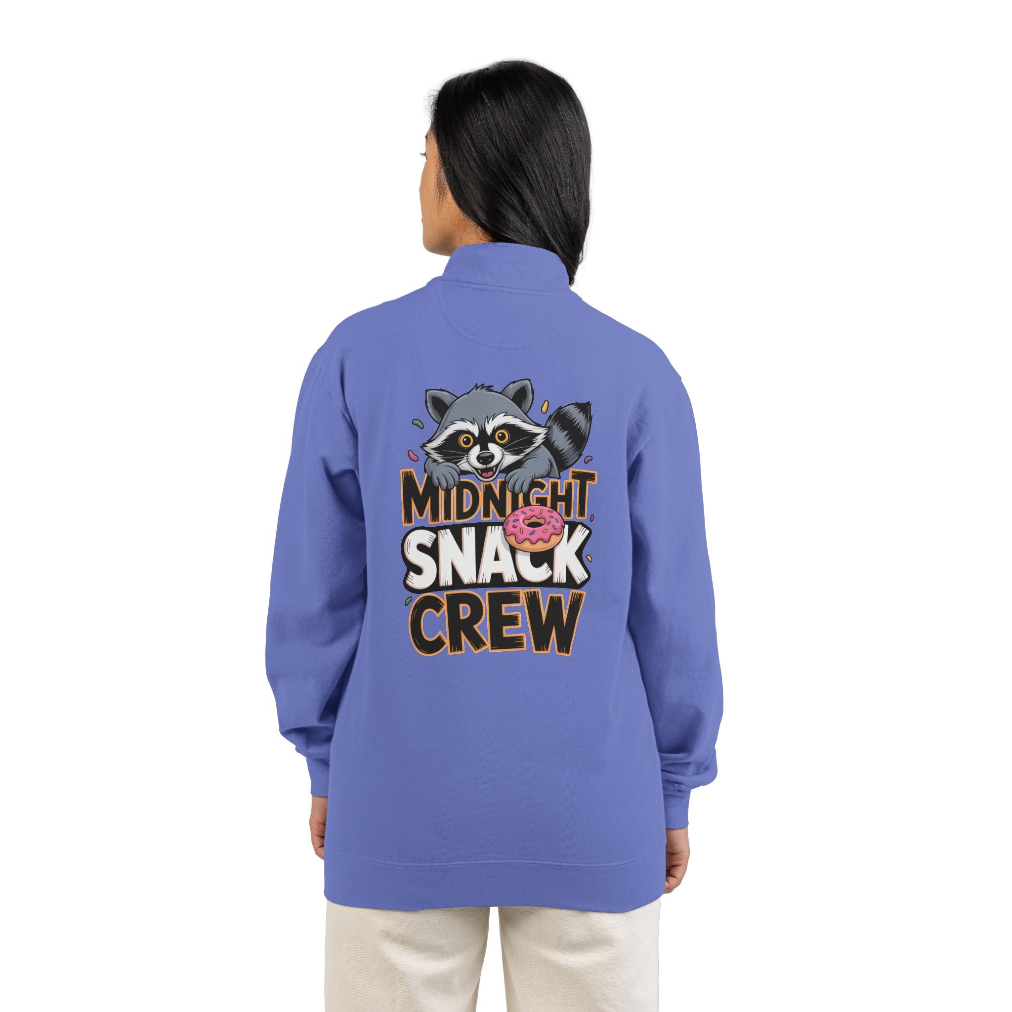 Quarter-Zip Sweatshirt — "Midnight Snack Crew" Raccoon Graphic